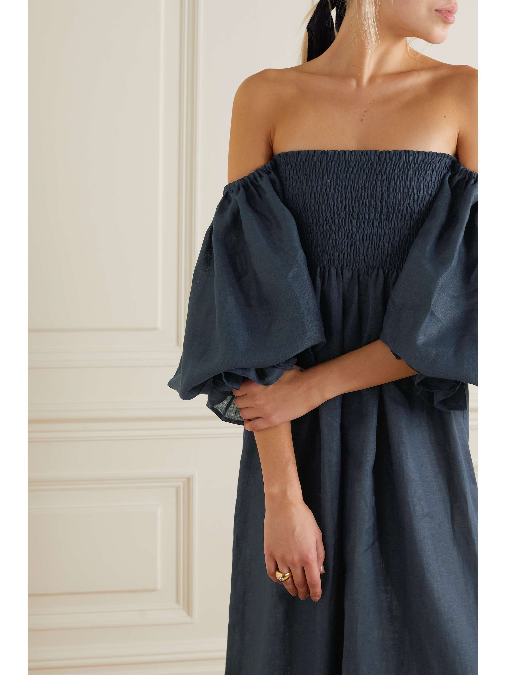 SLEEPER + NET SUSTAIN Atlanta off-the-shoulder shirred linen midi dress