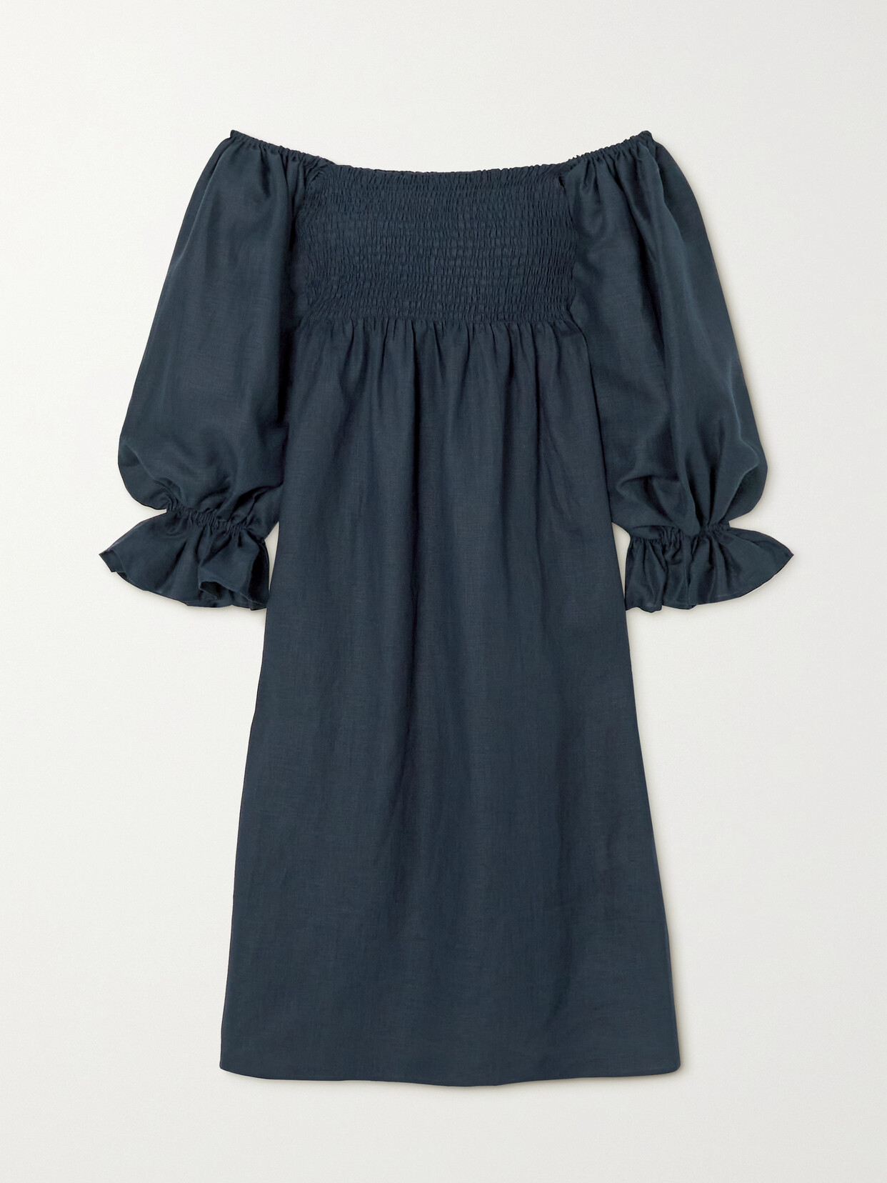 Sleeper Atlanta Off-the-shoulder Shirred Linen Midi Dress In Blue