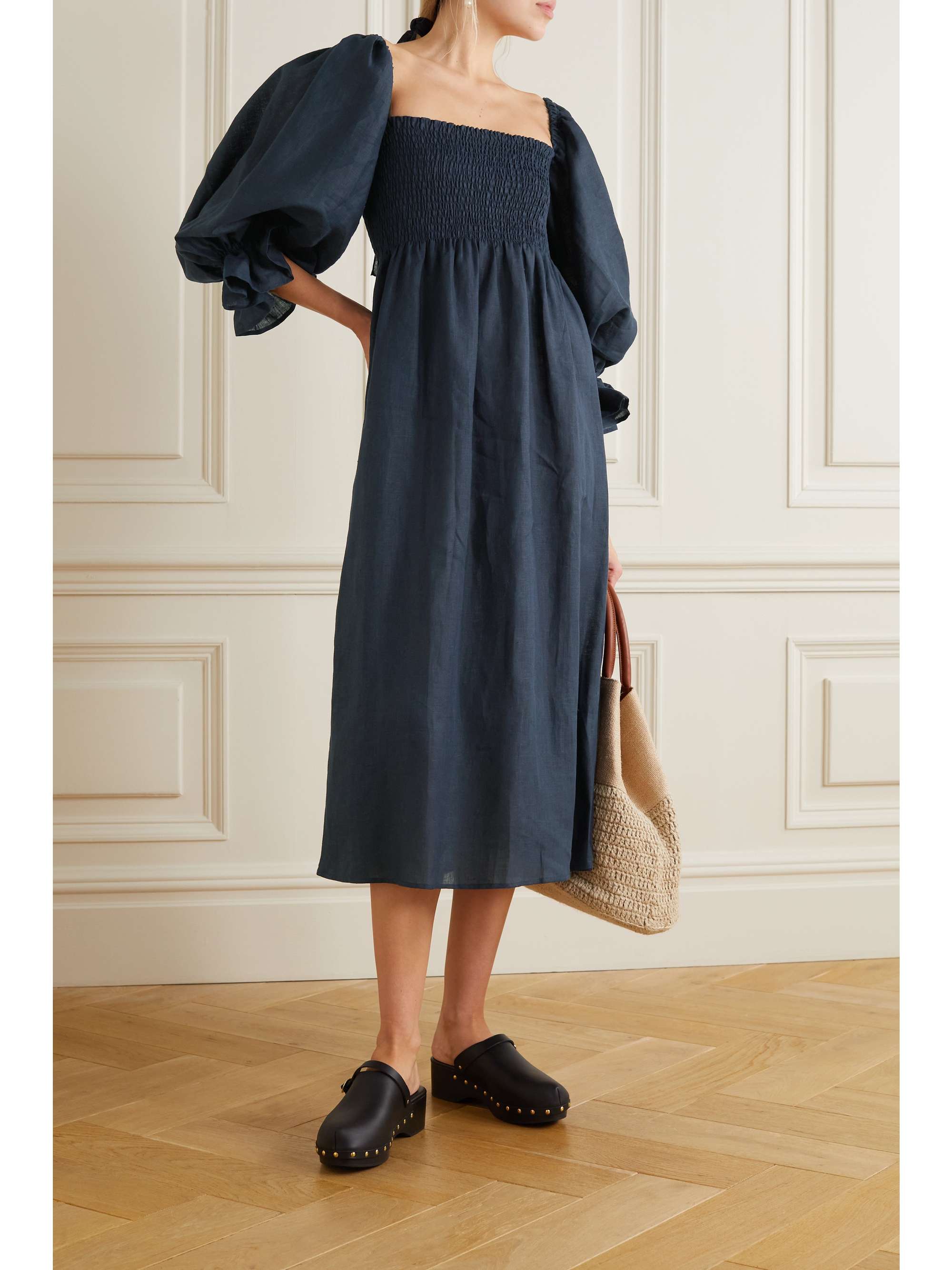 shirred linen midi dress | SLEEPER ...