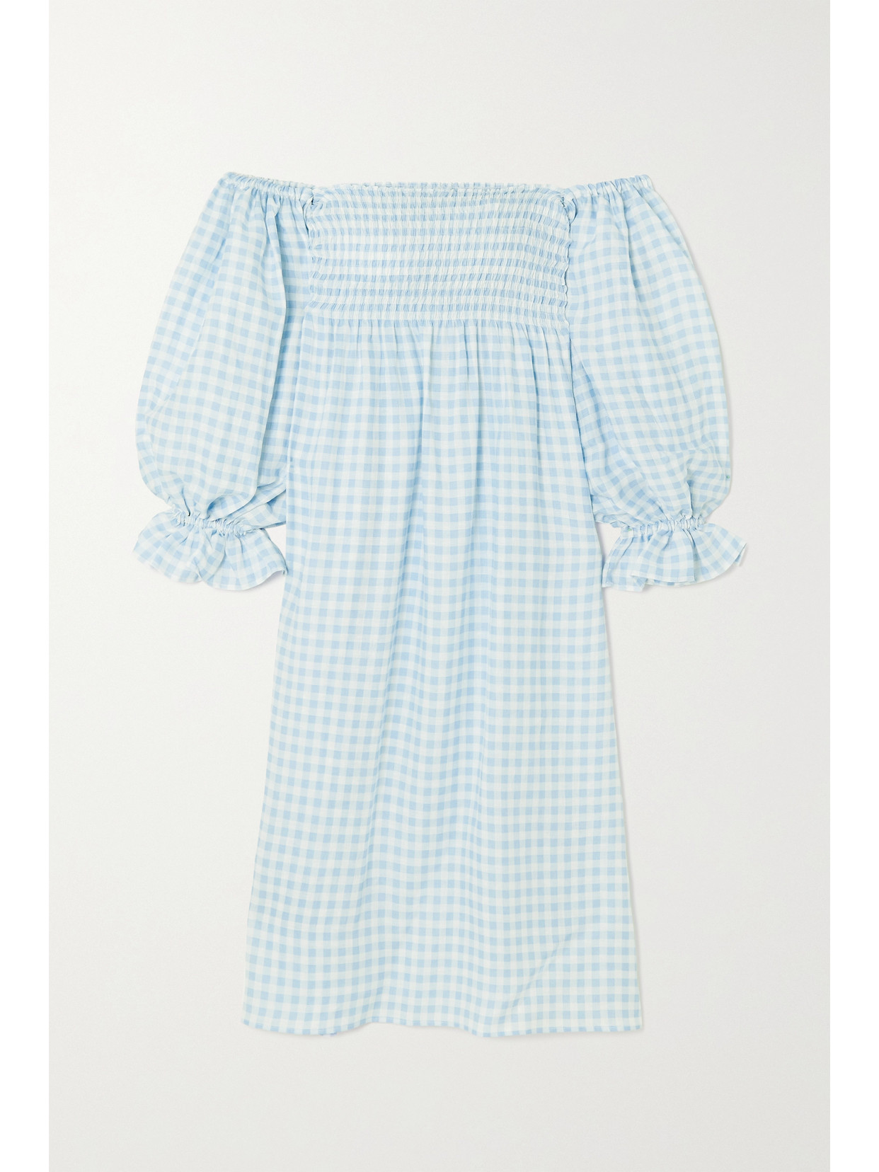 Sleeper Atlanta Offtheshoulder Shirred Gingham Linen Midi Dress In
