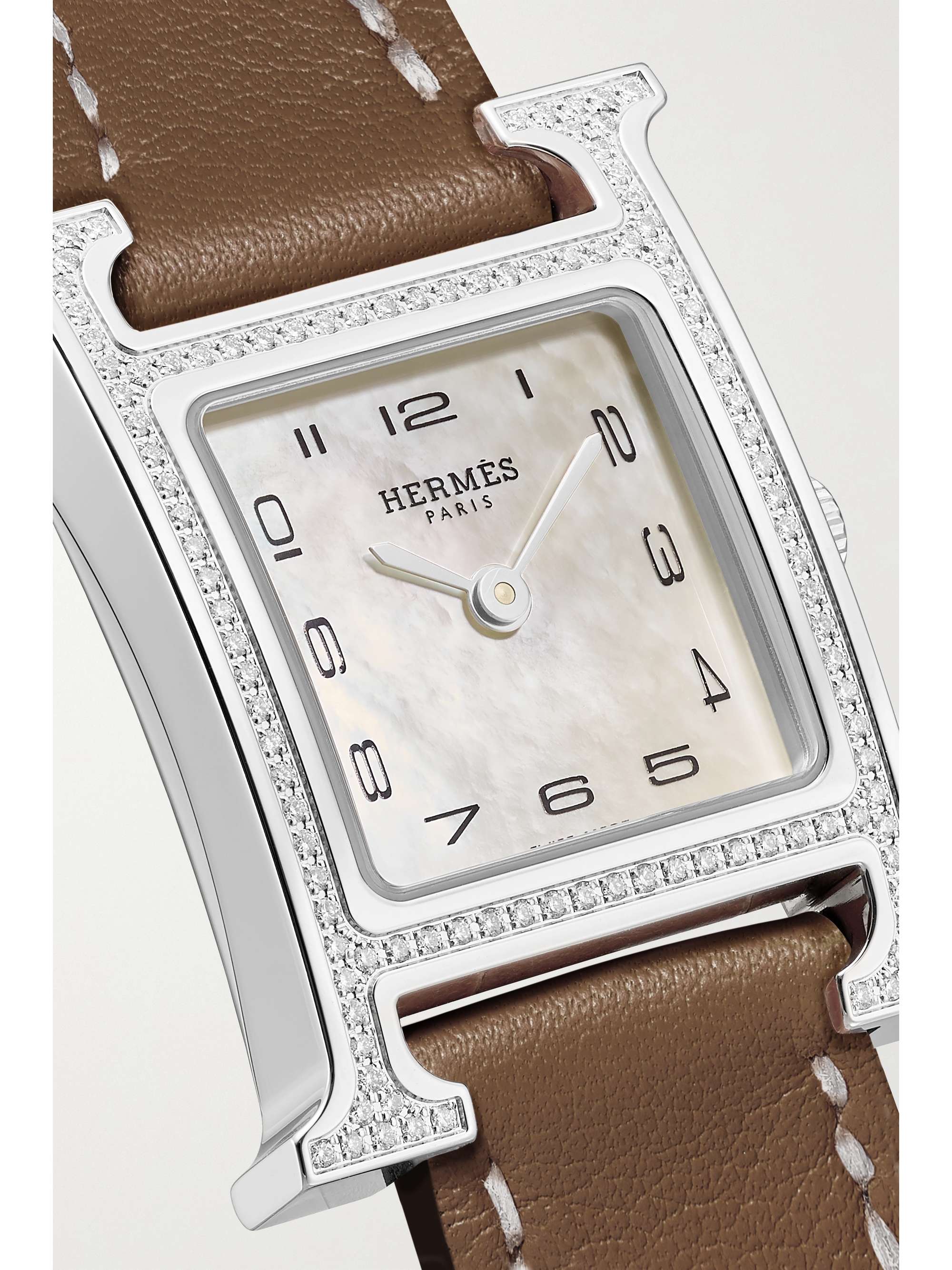 HERMÈS TIMEPIECES Montre en acier inoxydable, diamants et nacre à bracelet en cuir Heure H Small, 25 mm