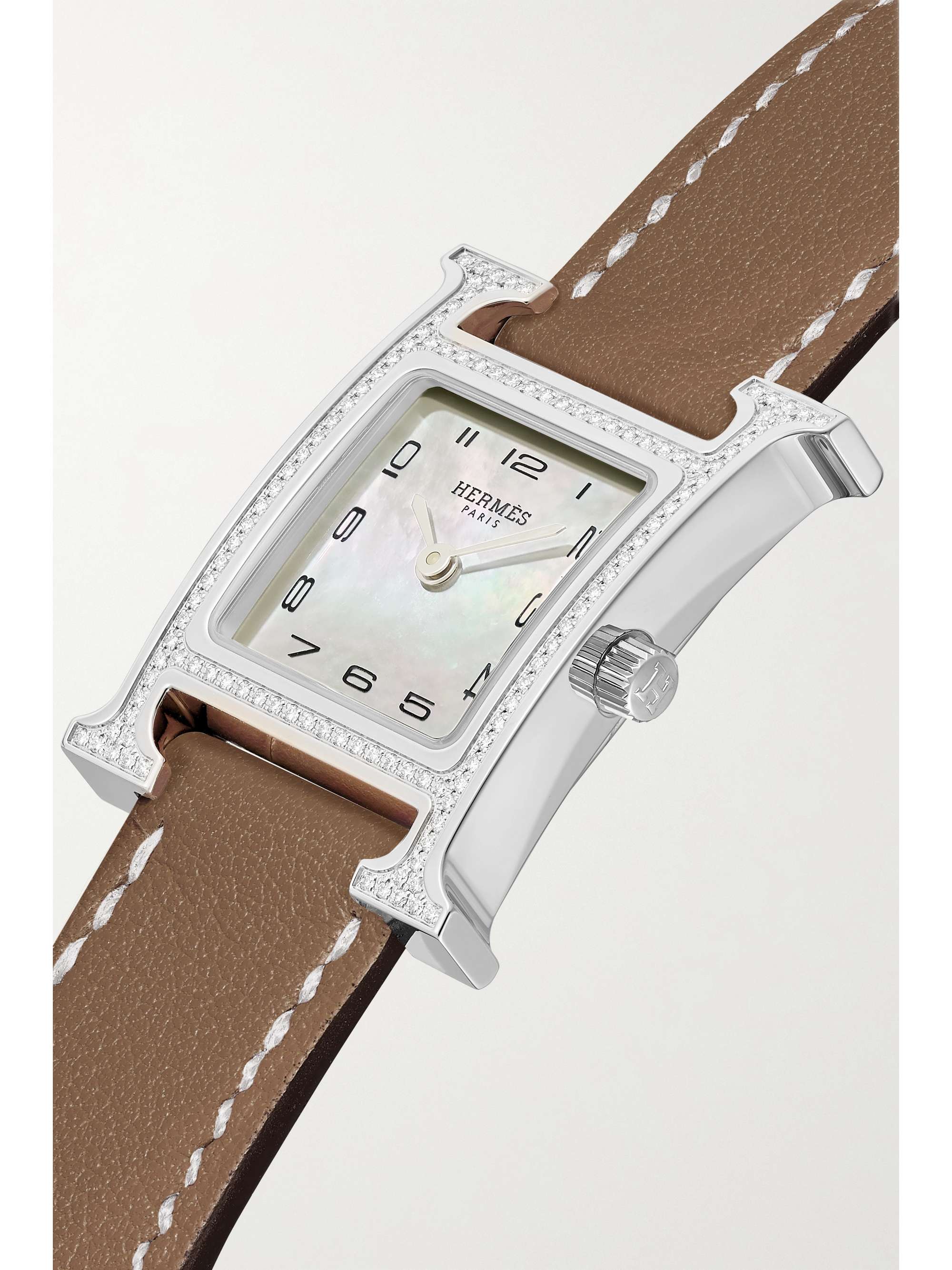 HERMÈS TIMEPIECES Montre en acier inoxydable, diamants et nacre à bracelet en cuir Heure H Small, 25 mm