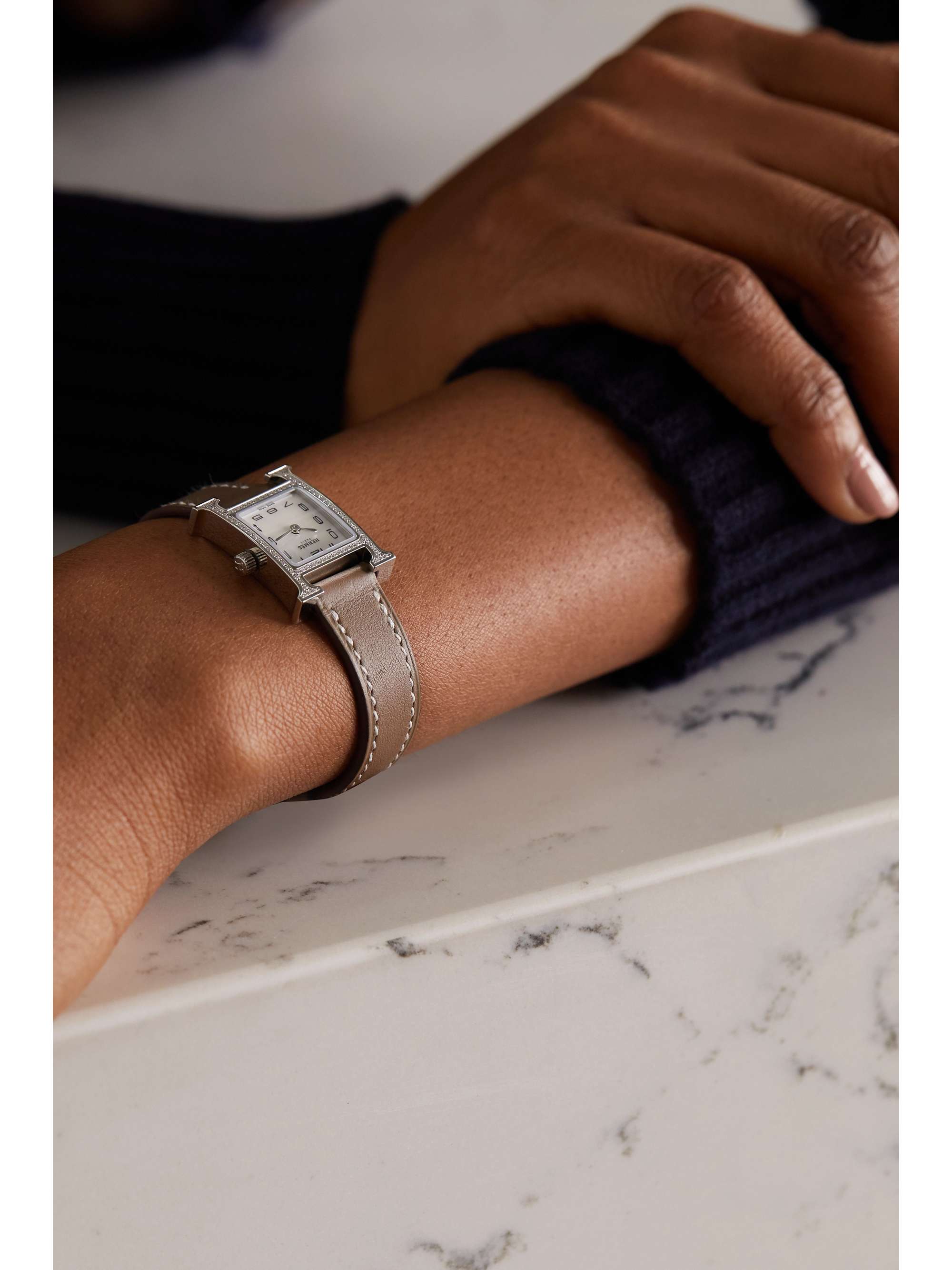 HERMÈS TIMEPIECES Heure H 17.2mm very small stainless steel, leather, mother-of-pearl and diamond watch