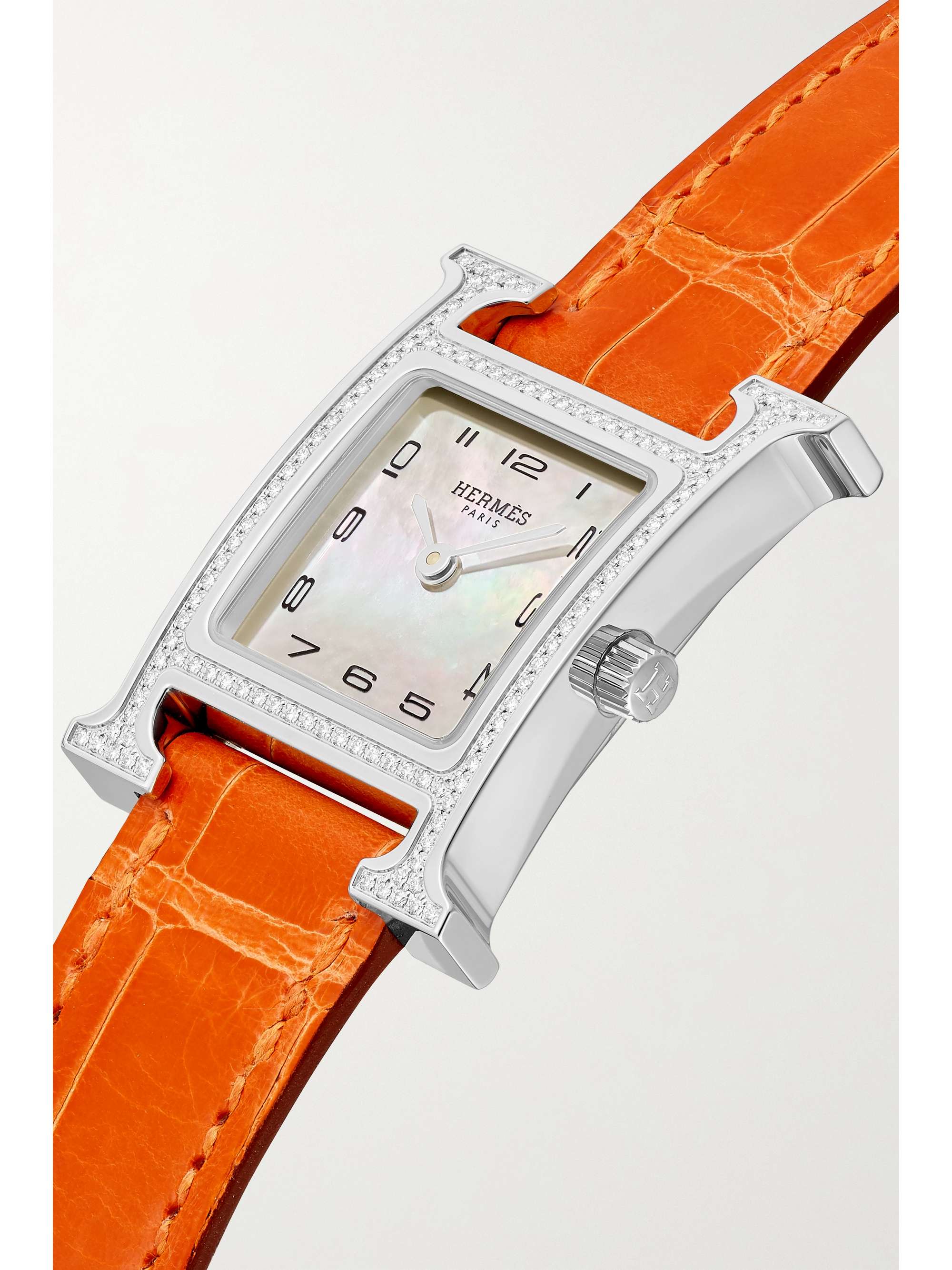 HERMÈS TIMEPIECES Heure H 25mm small stainless steel, alligator, diamond and mother-of-pearl watch