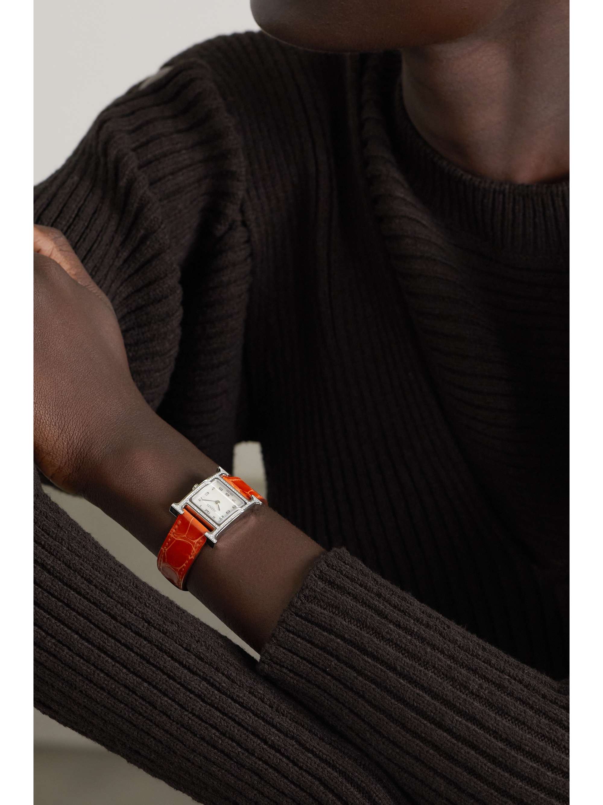 HERMÈS TIMEPIECES Heure H 25mm small stainless steel, alligator, diamond and mother-of-pearl watch