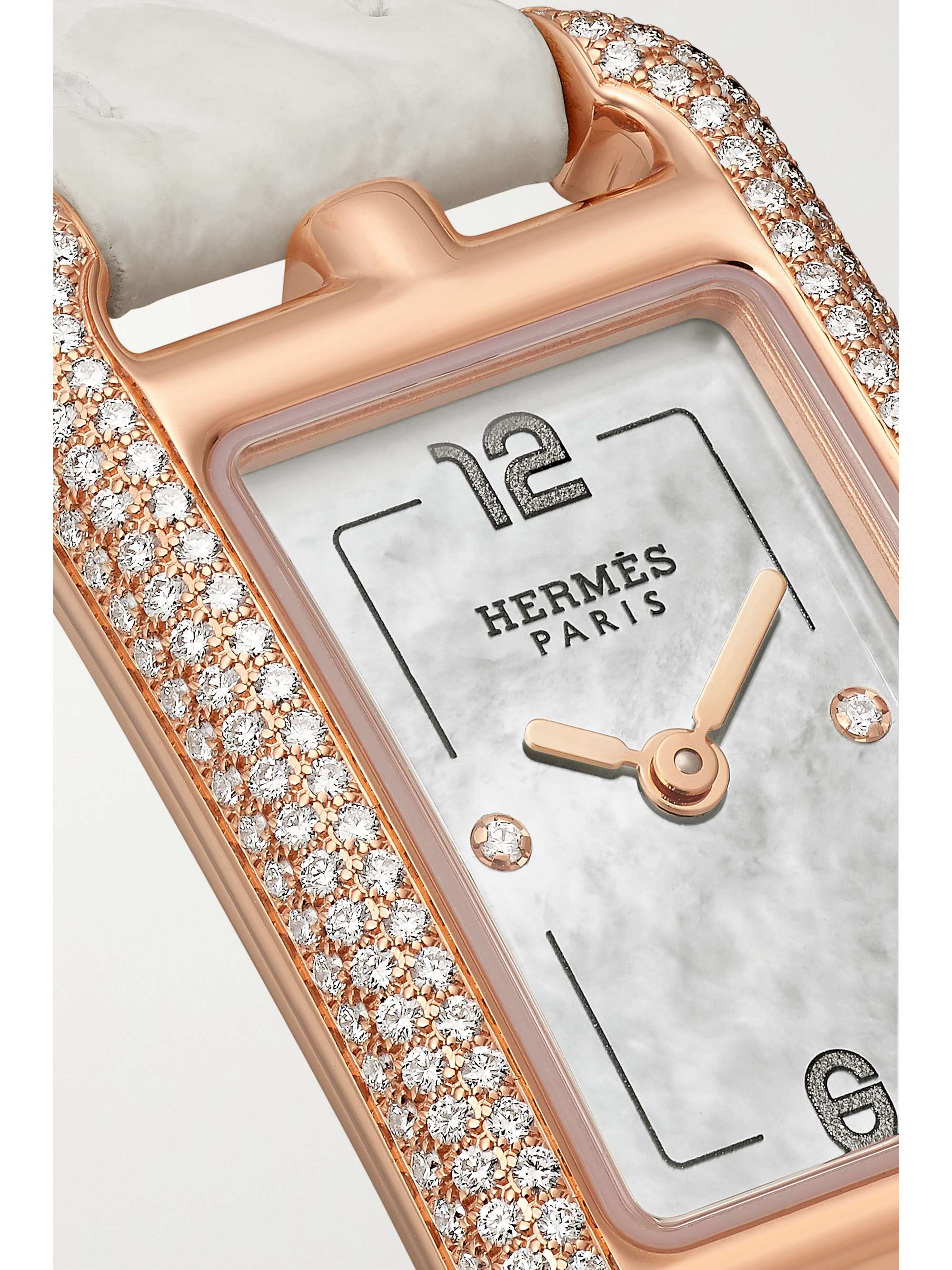 HERMÈS TIMEPIECES Nantucket 29mm small 18-karat rose gold, alligator, mother-of-pearl and diamond watch