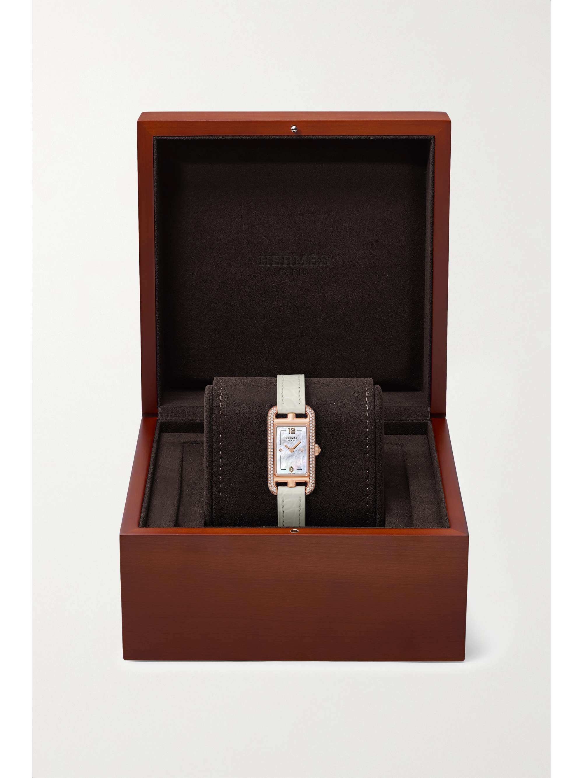 HERMÈS TIMEPIECES Nantucket 29mm small 18-karat rose gold, alligator, mother-of-pearl and diamond watch