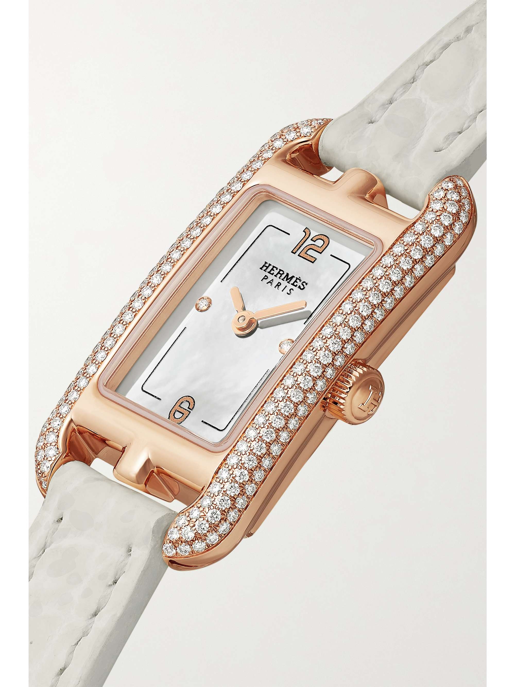 HERMÈS TIMEPIECES Nantucket 29mm small 18-karat rose gold, alligator, mother-of-pearl and diamond watch