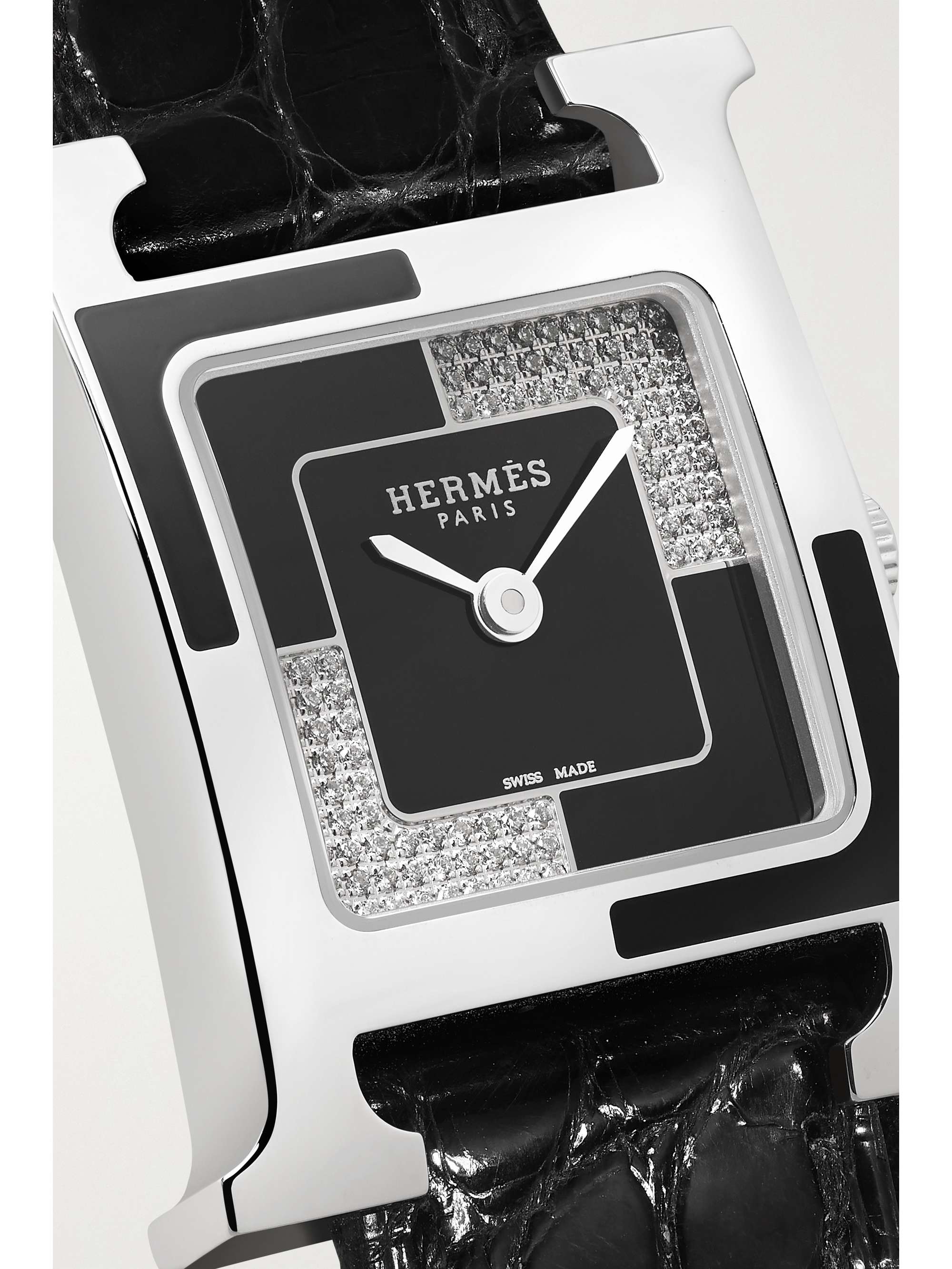 HERMÈS TIMEPIECES Heure H Au Carré 21mm small stainless steel, lacquer, alligator and diamond watch