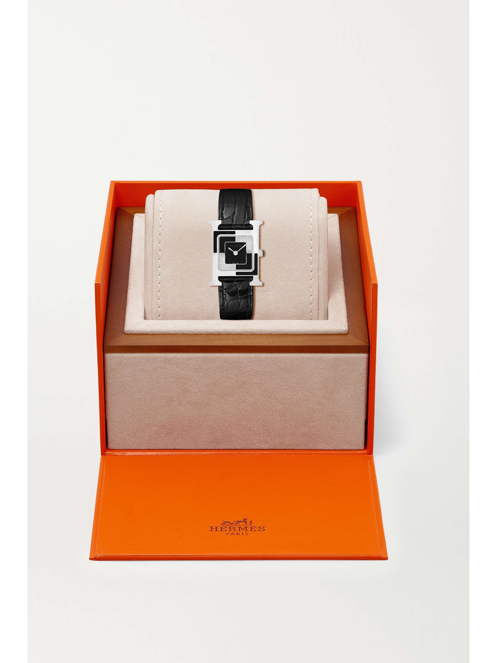 HERMÈS TIMEPIECES Heure H Au Carré 21mm small stainless steel, lacquer, alligator and diamond watch