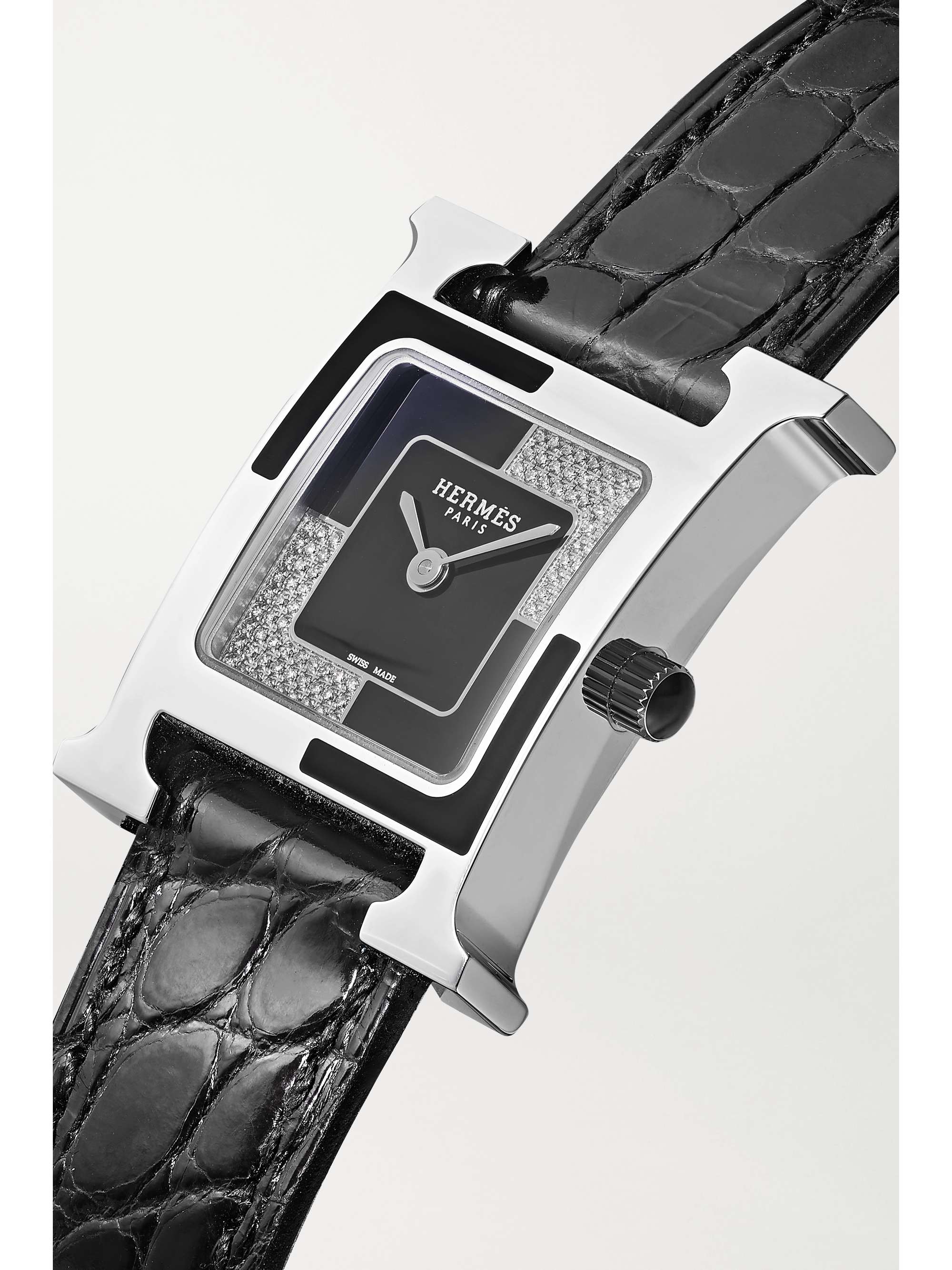 HERMÈS TIMEPIECES Heure H Au Carré 21mm small stainless steel, lacquer, alligator and diamond watch