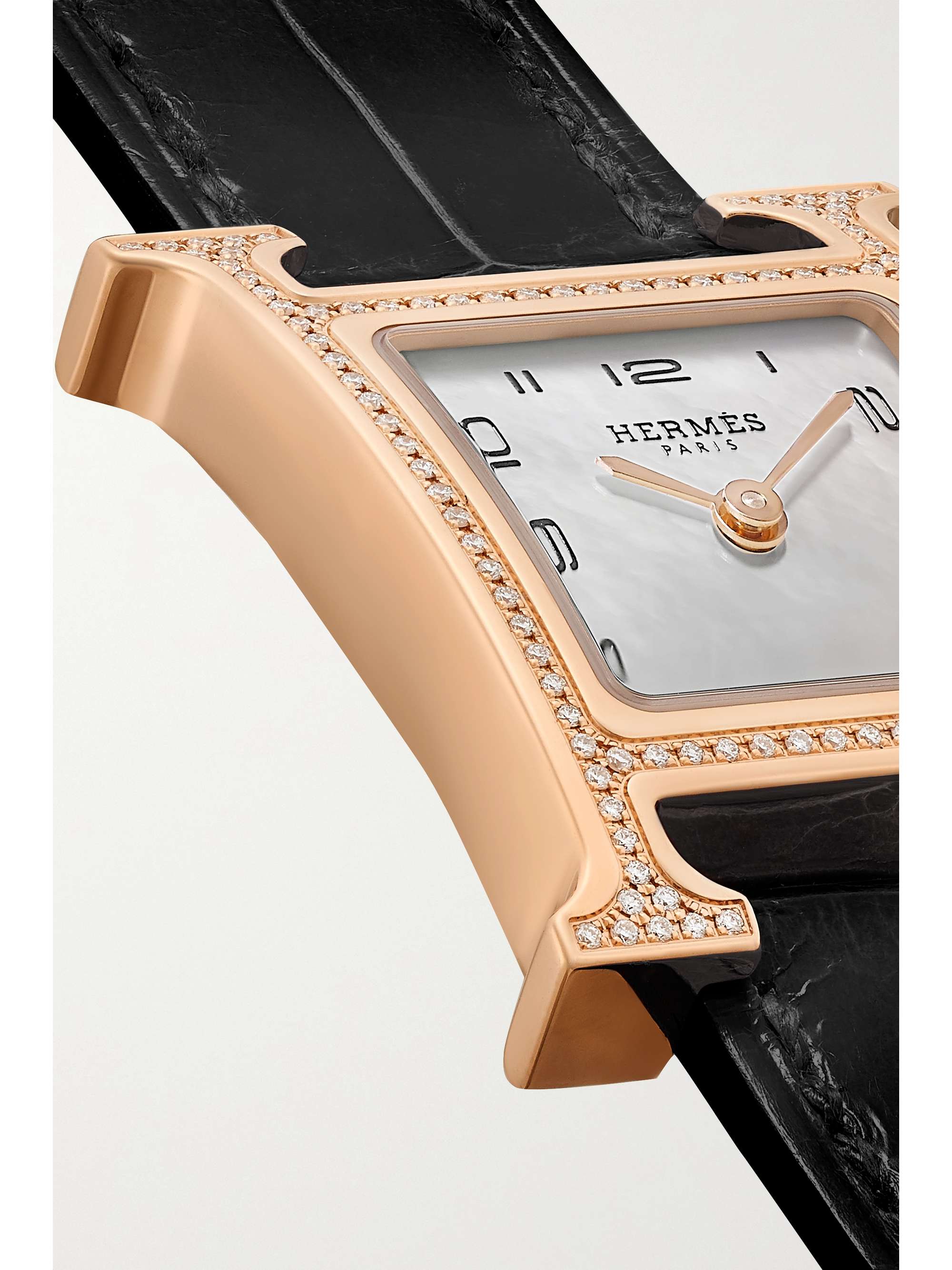 HERMÈS TIMEPIECES Heure H 25mm small 18-karat rose gold, alligator, mother-of-pearl and diamond watch