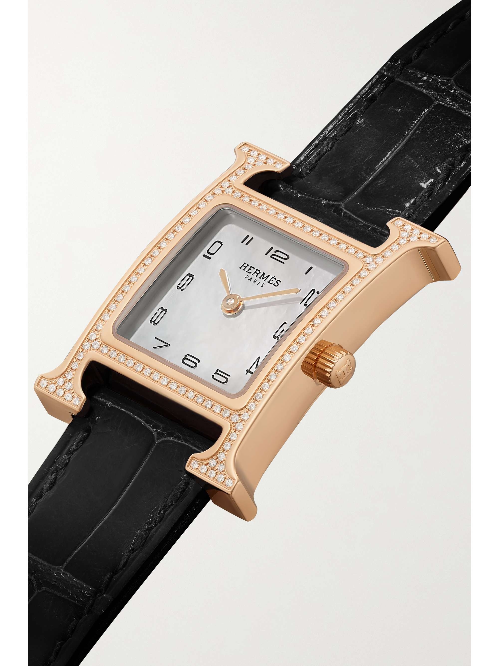 HERMÈS TIMEPIECES Heure H 25mm small 18-karat rose gold, alligator, mother-of-pearl and diamond watch