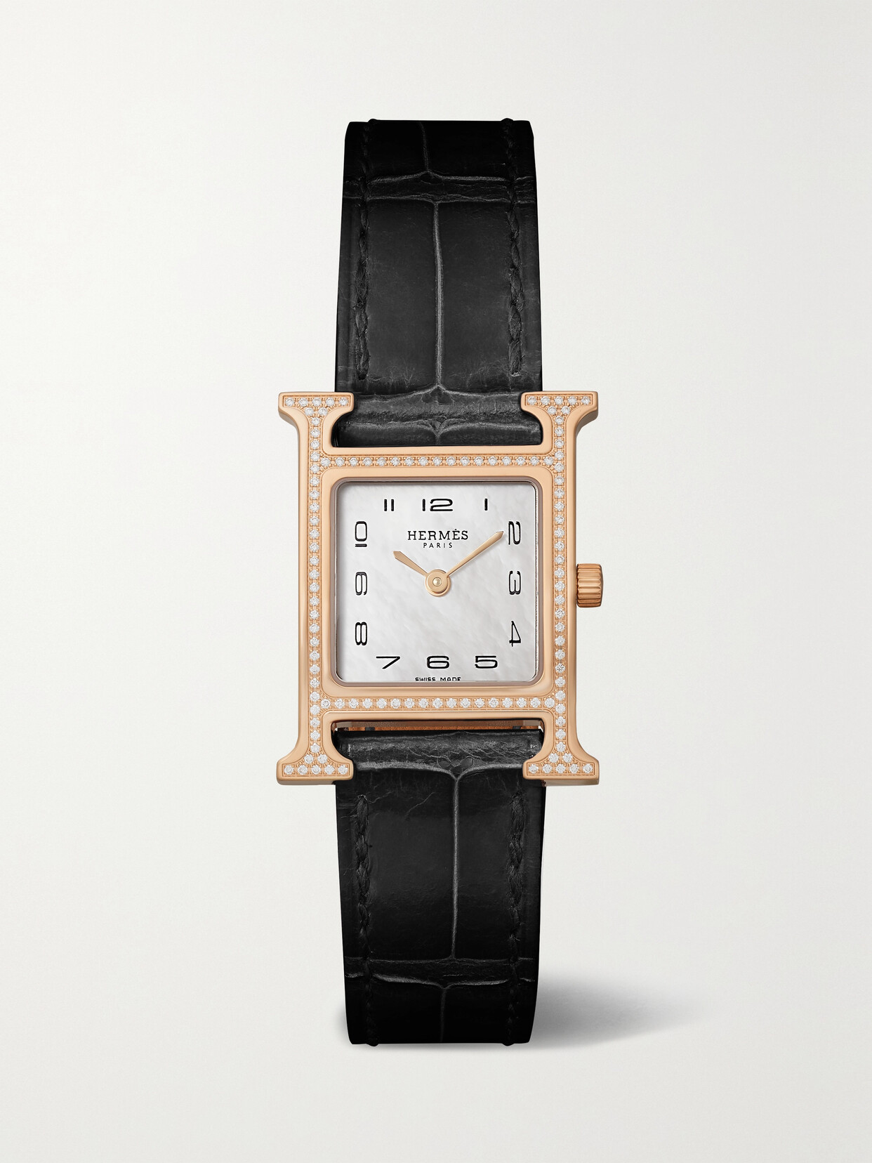 Hermès Timepieces Heure H 25mm Small 18-karat Rose Gold, Alligator, Mother-of-pearl And Diamond Watch In Black