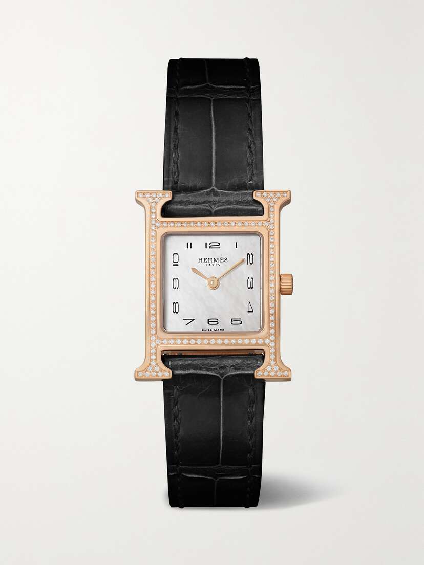 Hermès Timepieces Heure H 25mm Small 18-karat Rose Gold, Alligator, Mother-of-pearl And Diamond Watch