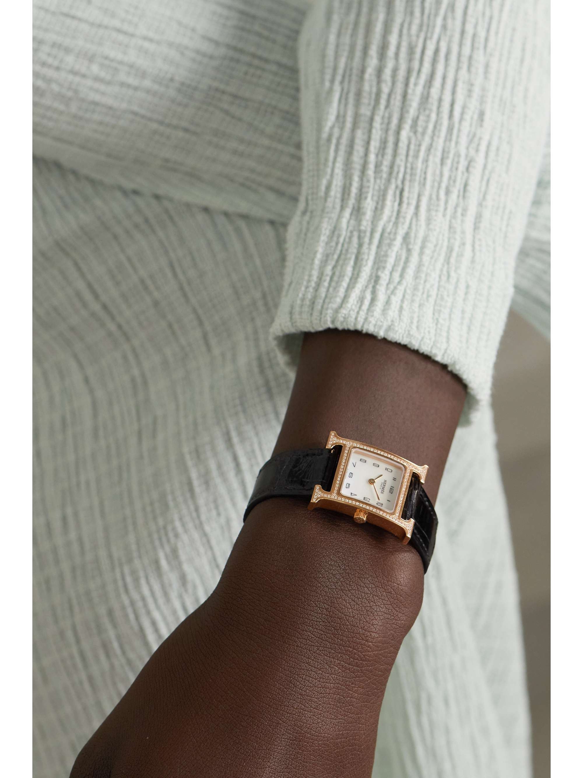 HERMÈS TIMEPIECES Heure H 25mm small 18-karat rose gold, alligator, mother-of-pearl and diamond watch