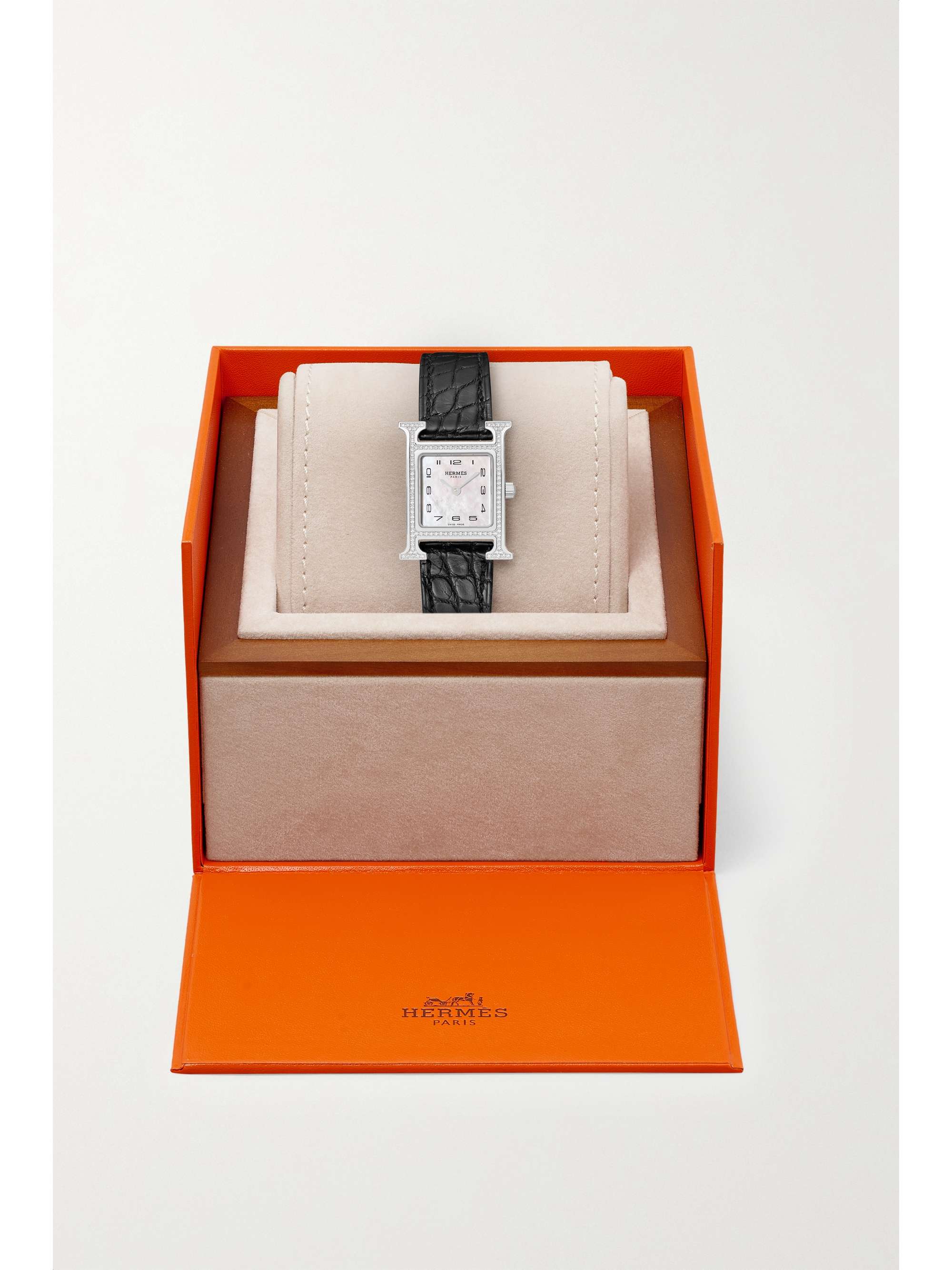 HERMÈS TIMEPIECES Heure H 25mm small stainless steel, alligator, diamond and mother-of-pearl watch