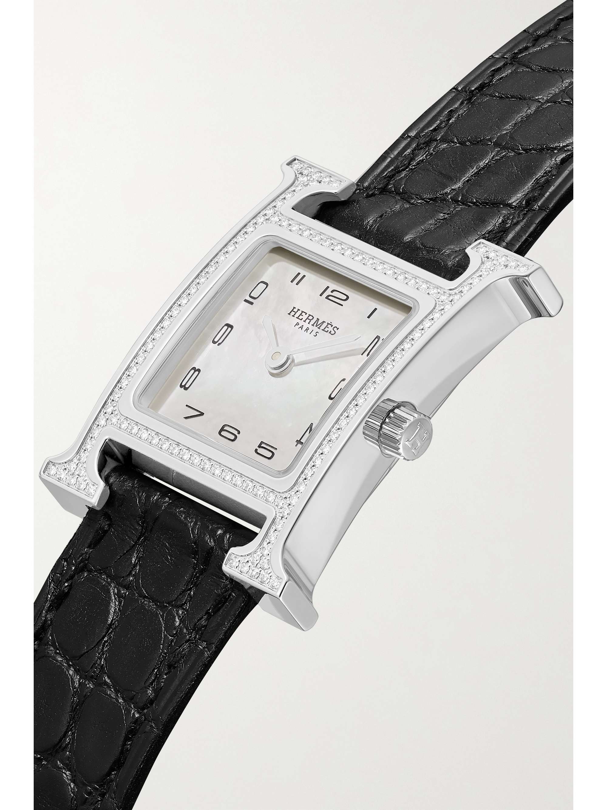 HERMÈS TIMEPIECES Heure H 25mm small stainless steel, alligator, diamond and mother-of-pearl watch