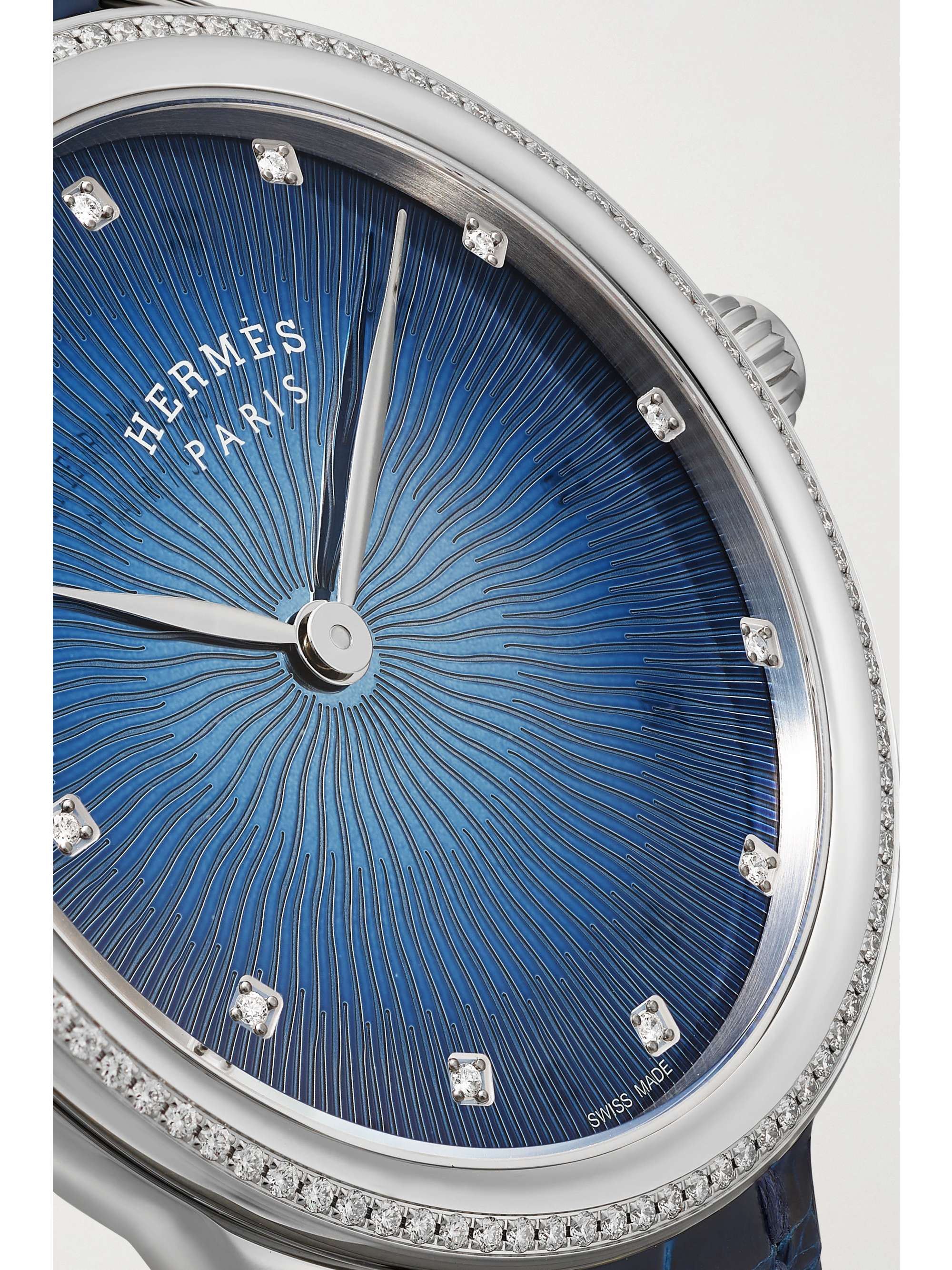 HERMÈS TIMEPIECES Arceau Soleil 36mm large stainless steel, alligator and diamond watch