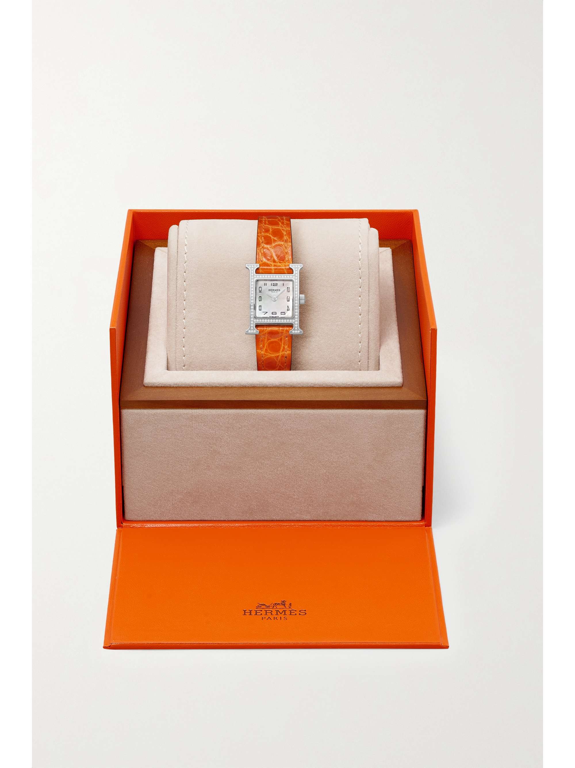 HERMÈS TIMEPIECES Heure H 21mm mini stainless steel, alligator, mother-of-pearl and diamond watch