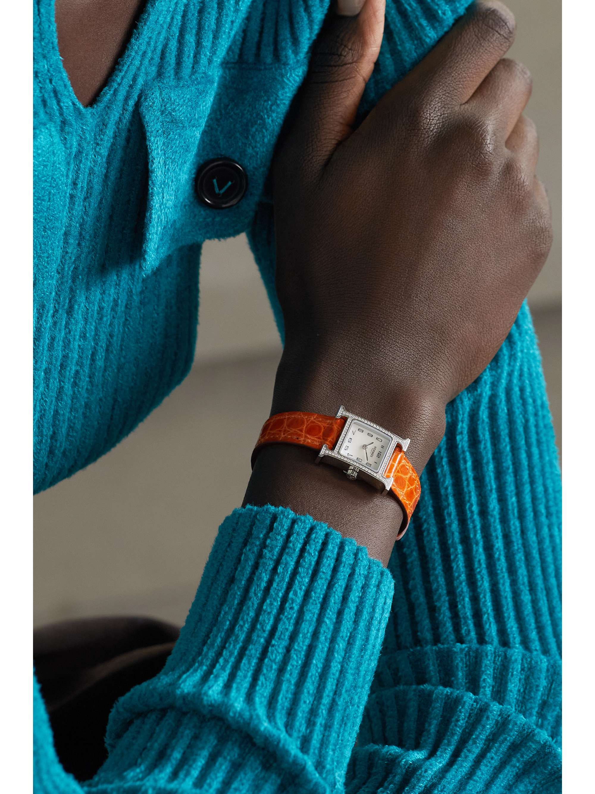 HERMÈS TIMEPIECES Heure H 21mm mini stainless steel, alligator, mother-of-pearl and diamond watch