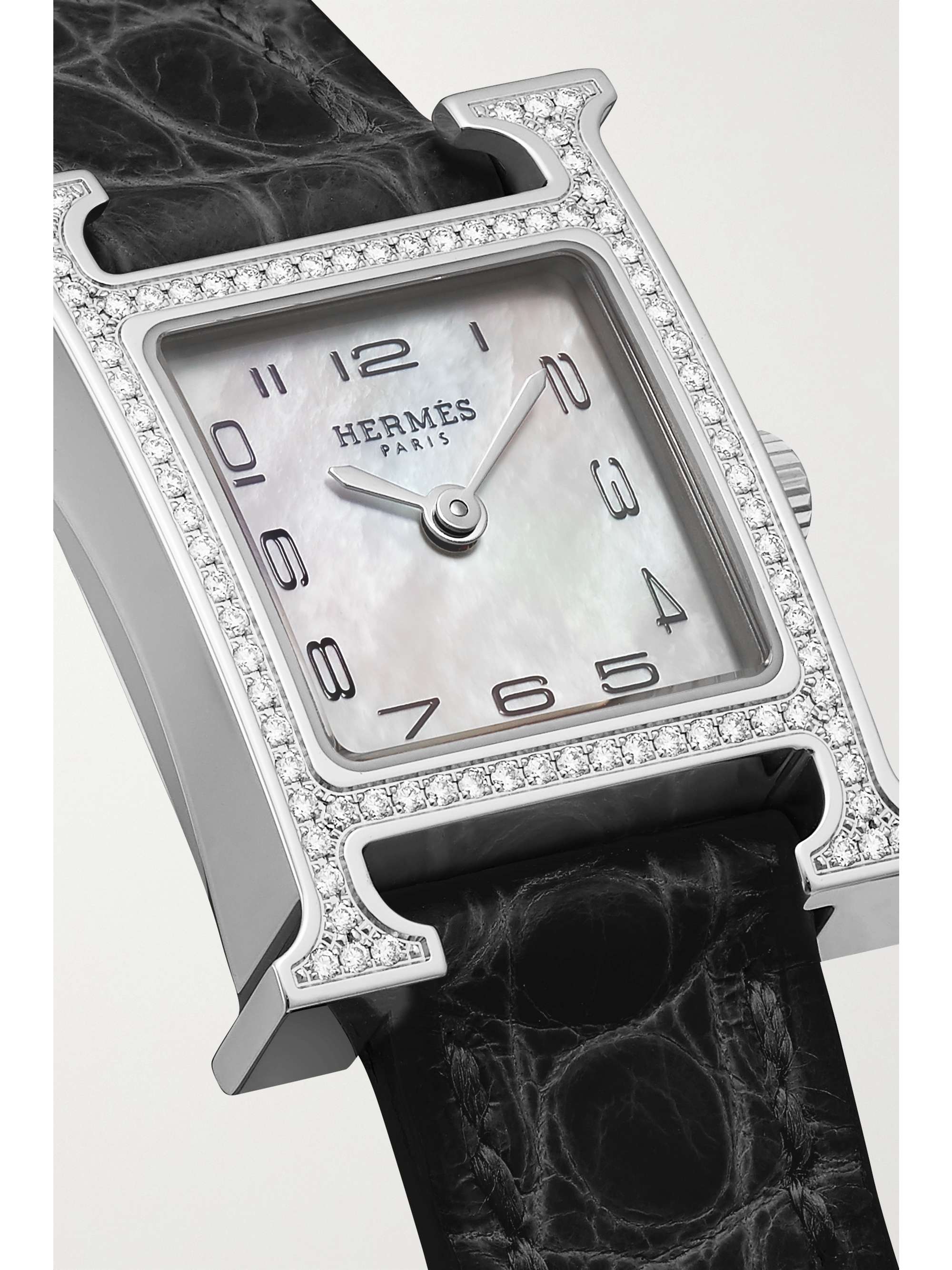 HERMÈS TIMEPIECES Heure H 21mm mini stainless steel, alligator, mother-of-pearl and diamond watch