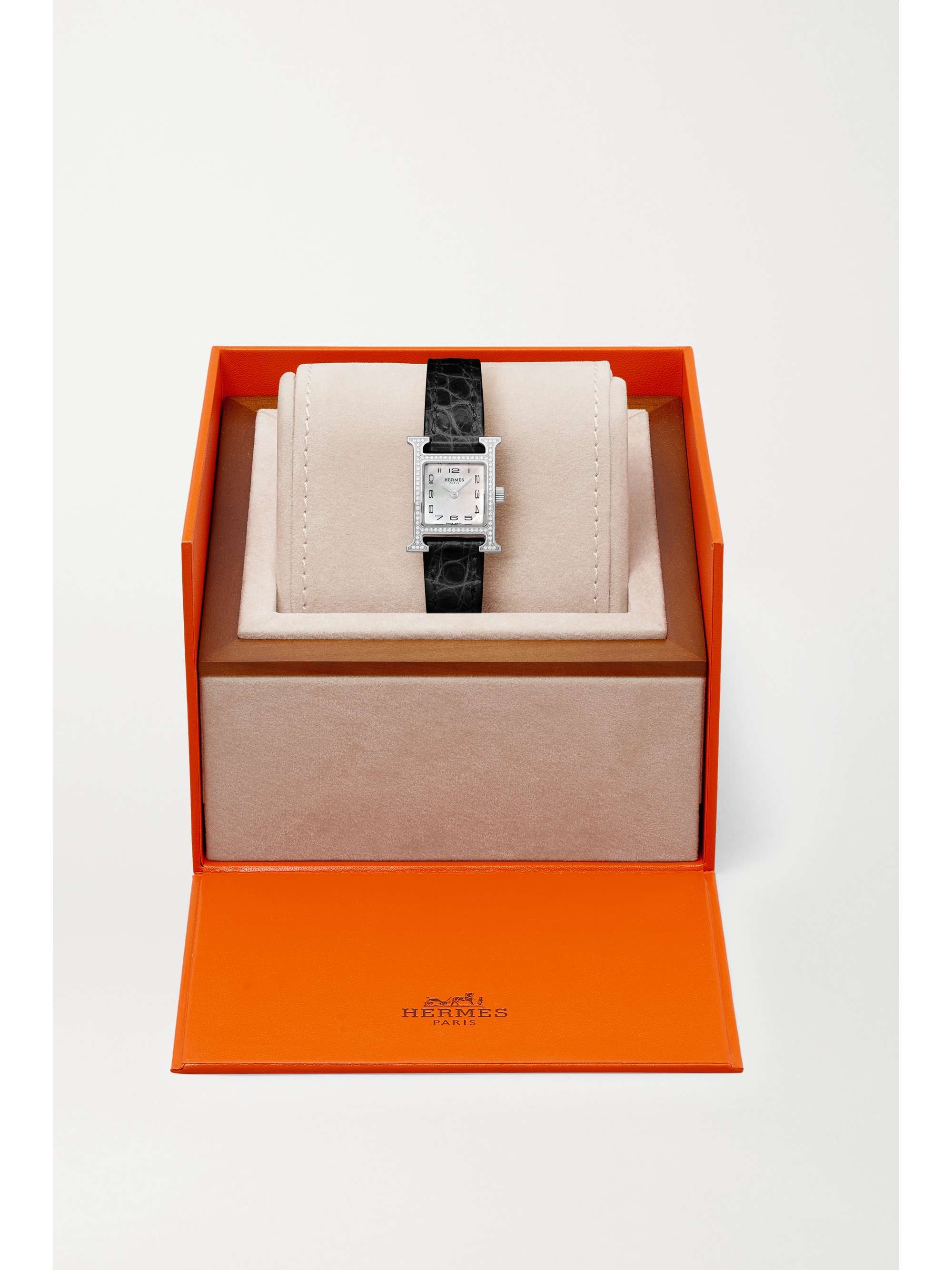 HERMÈS TIMEPIECES Heure H 21mm mini stainless steel, alligator, mother-of-pearl and diamond watch