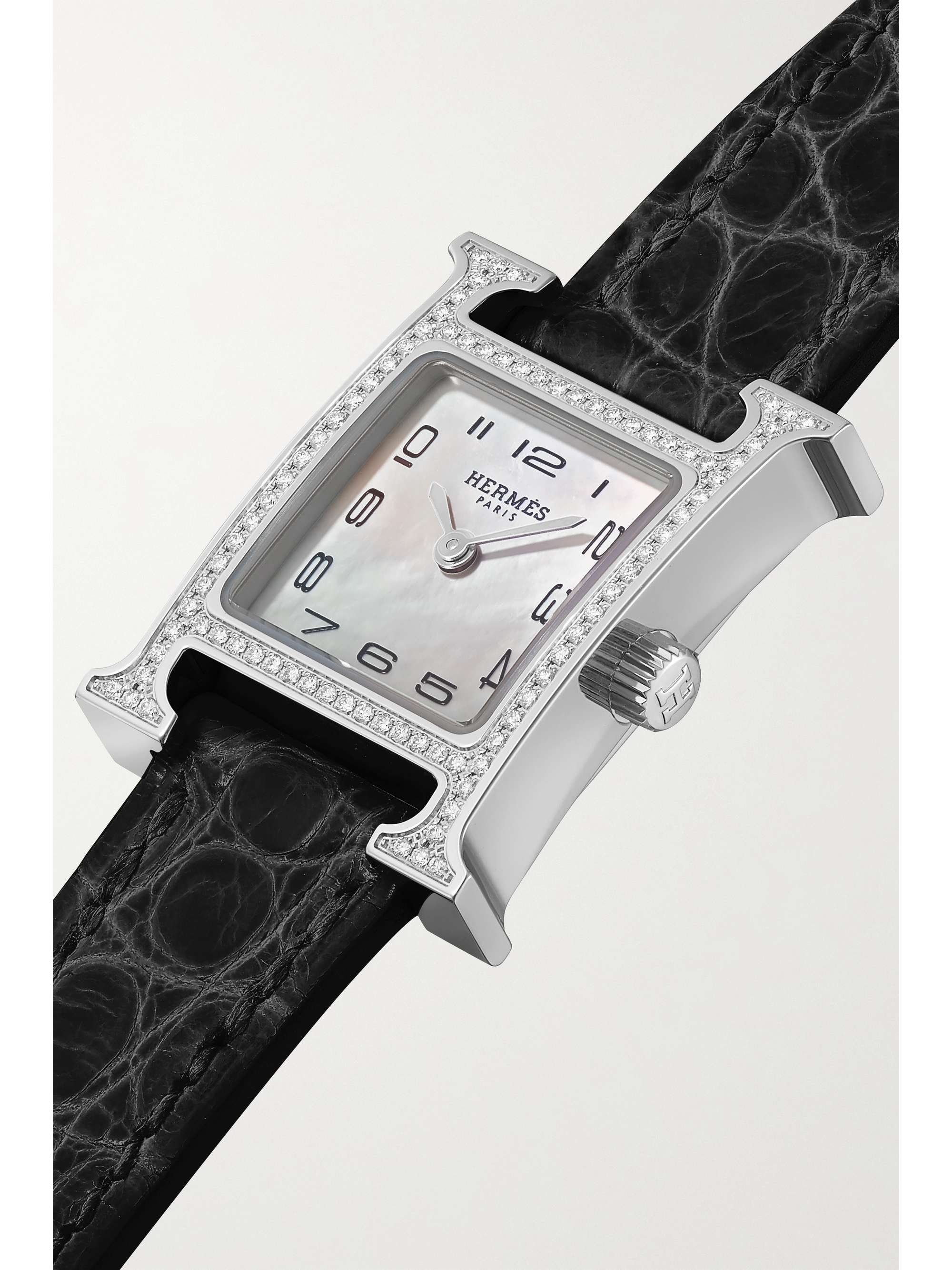 HERMÈS TIMEPIECES Heure H 21mm mini stainless steel, alligator, mother-of-pearl and diamond watch