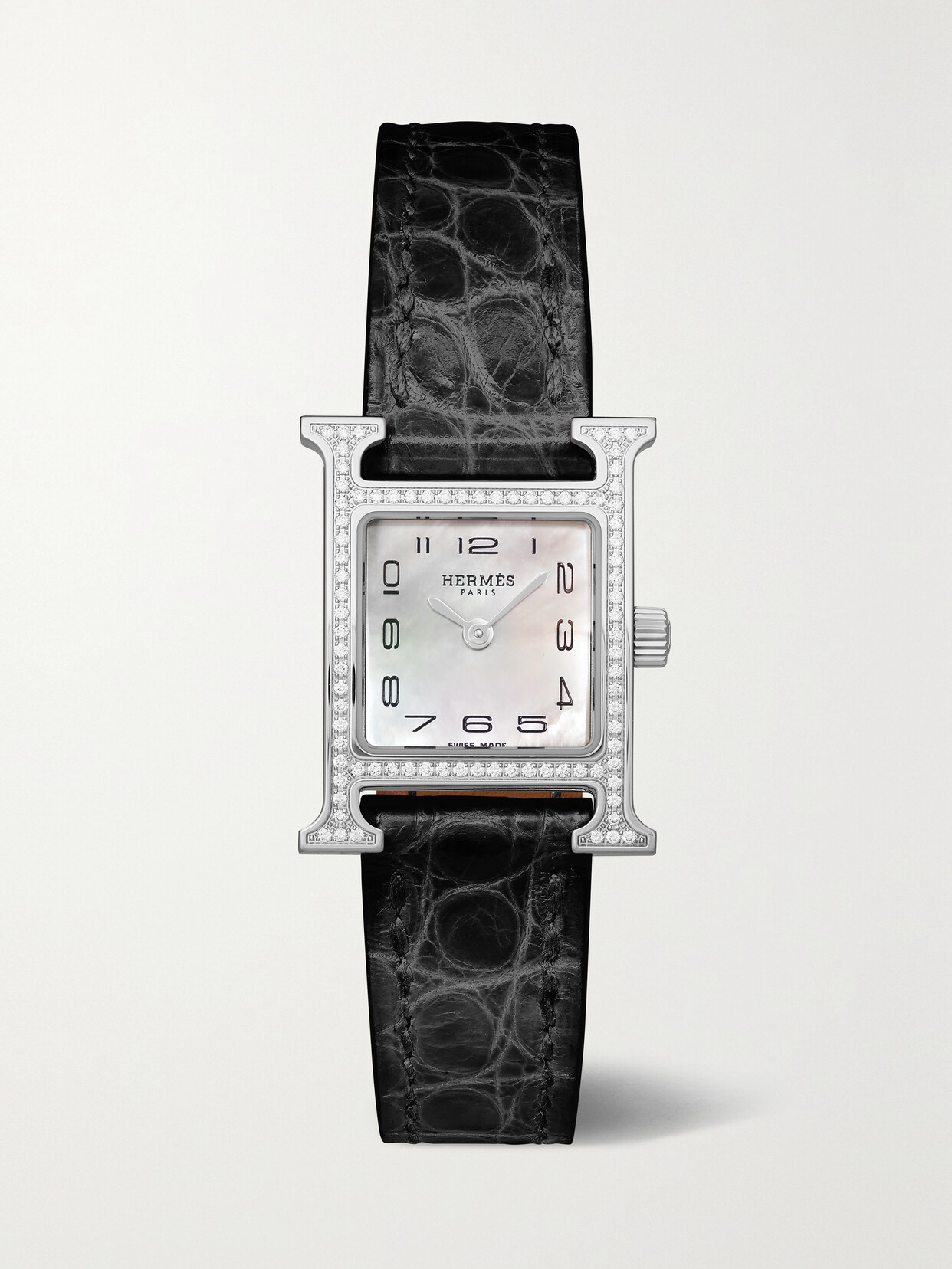 Hermès Timepieces Heure H 21mm Mini Stainless Steel, Alligator, Mother-of-pearl And Diamond Watch In Black