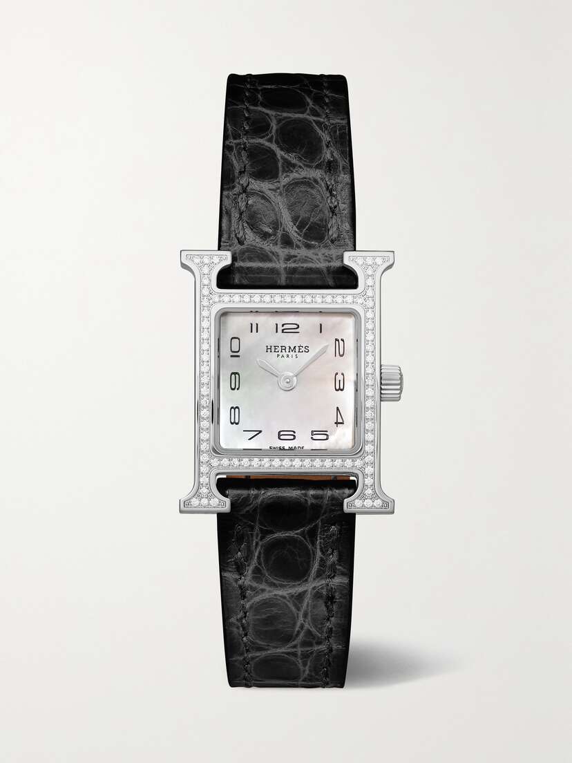 Hermès Timepieces Heure H 21mm Mini Stainless Steel, Alligator, Mother-of-pearl And Diamond Watch