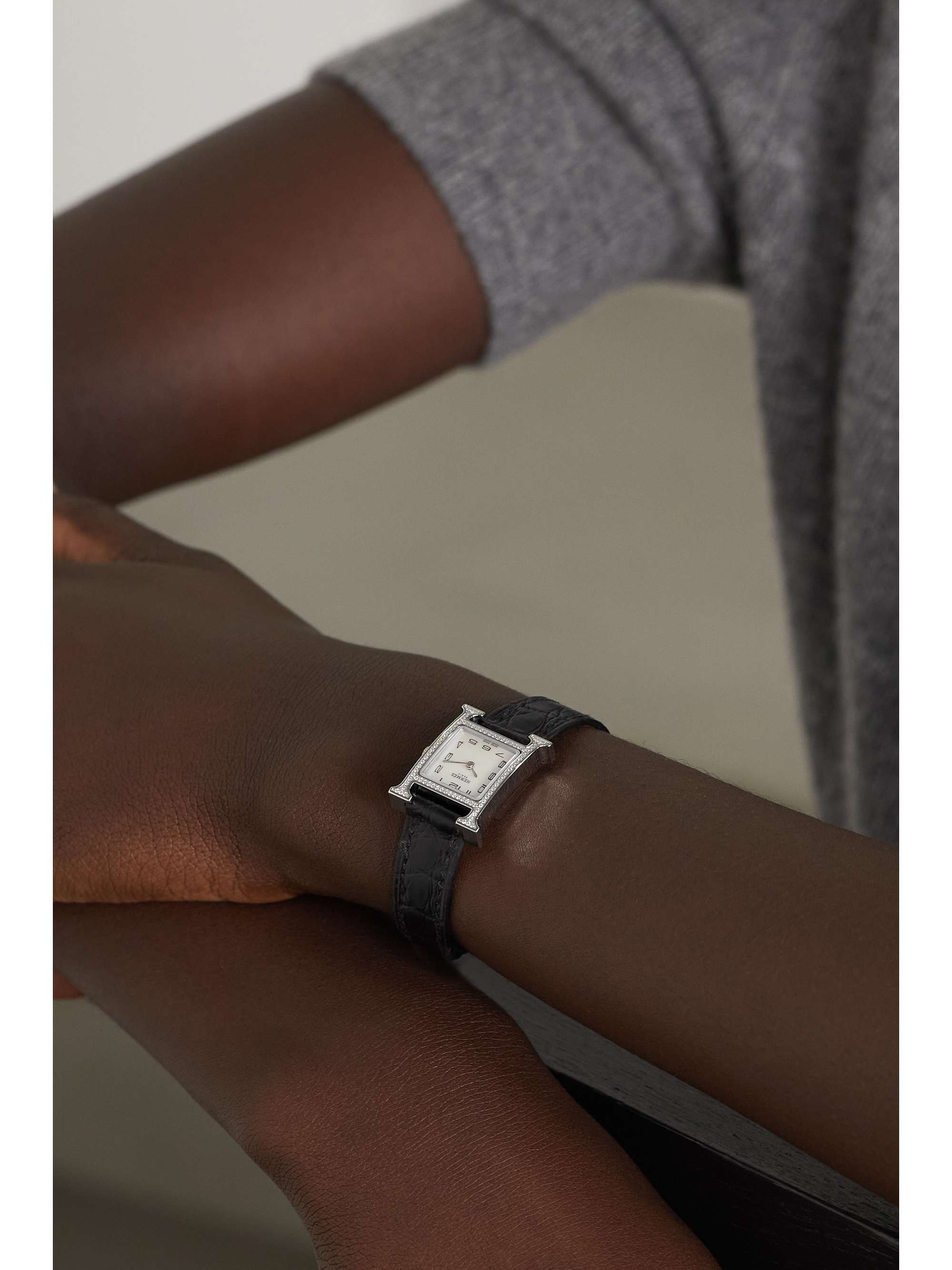 HERMÈS TIMEPIECES Heure H 21mm mini stainless steel, alligator, mother-of-pearl and diamond watch