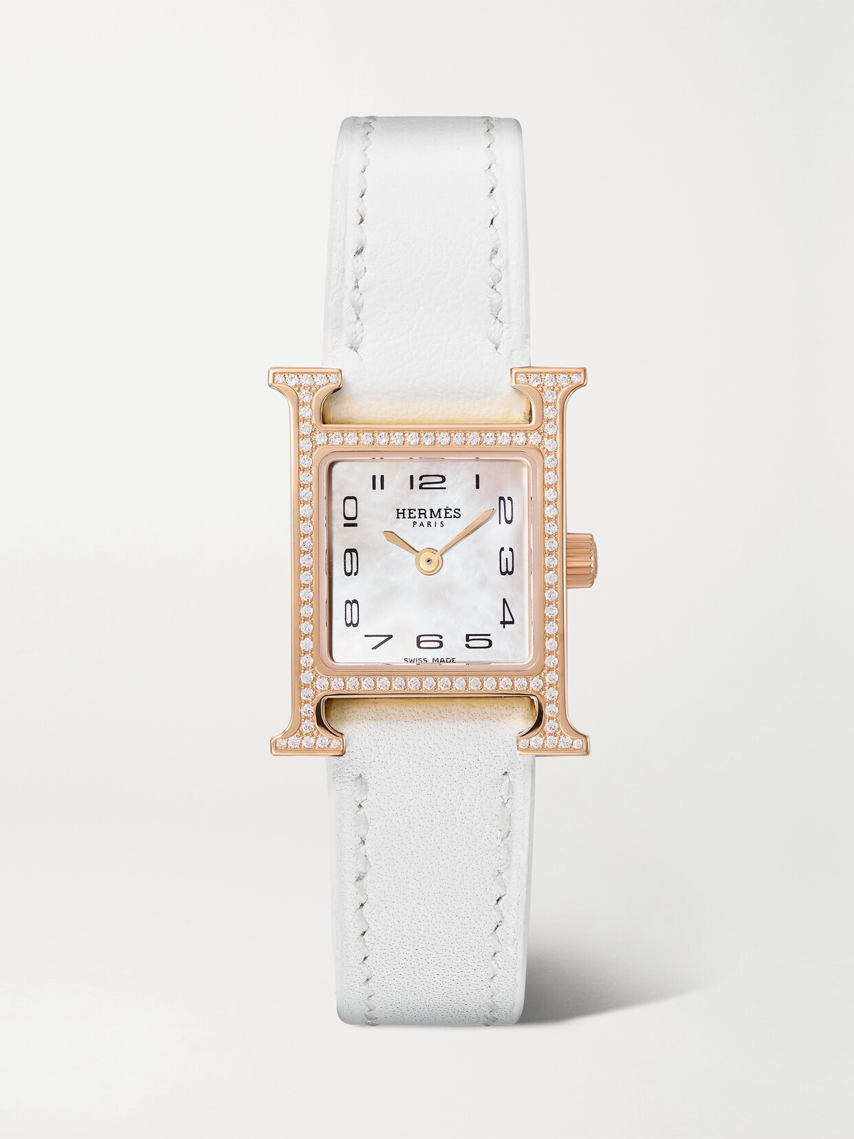 Hermès Timepieces - Heure H 21mm Mini Rose Gold-plated, Leather, Mother-of-pearl And Diamond Watch - White