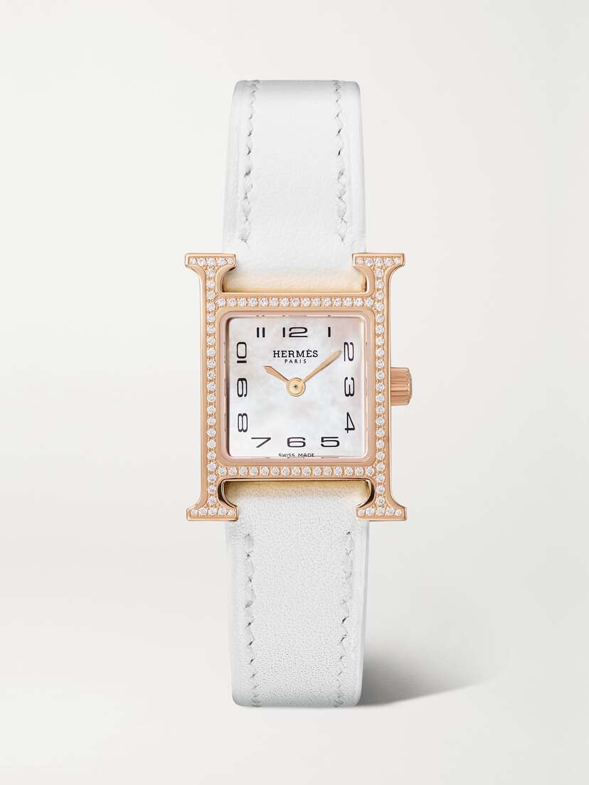 Hermès Timepieces Heure H 21mm Mini Rose Gold-plated, Leather, Mother-of-pearl And Diamond Watch