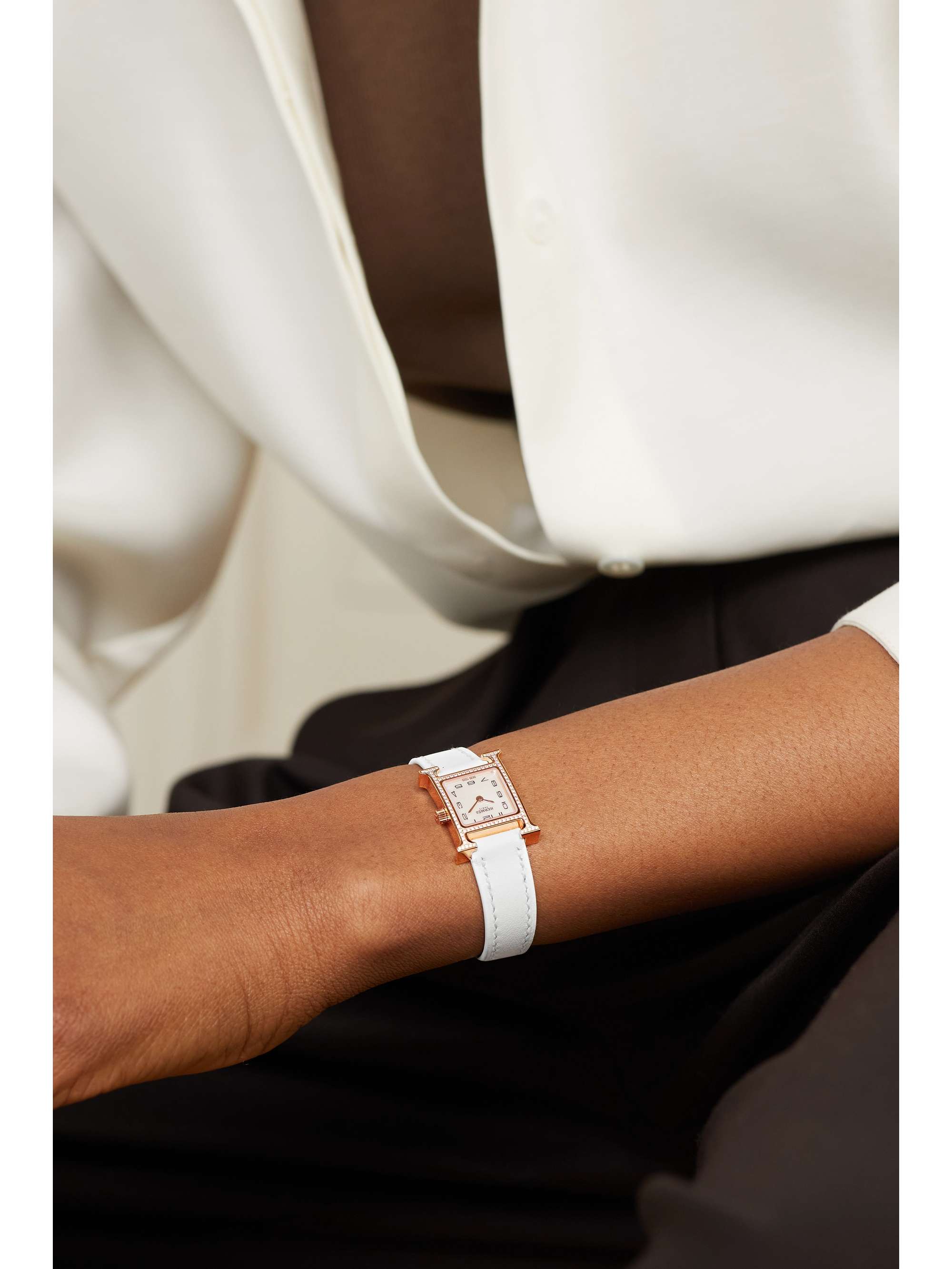 HERMÈS TIMEPIECES Heure H 21mm mini rose gold-plated, leather, mother-of-pearl and diamond watch