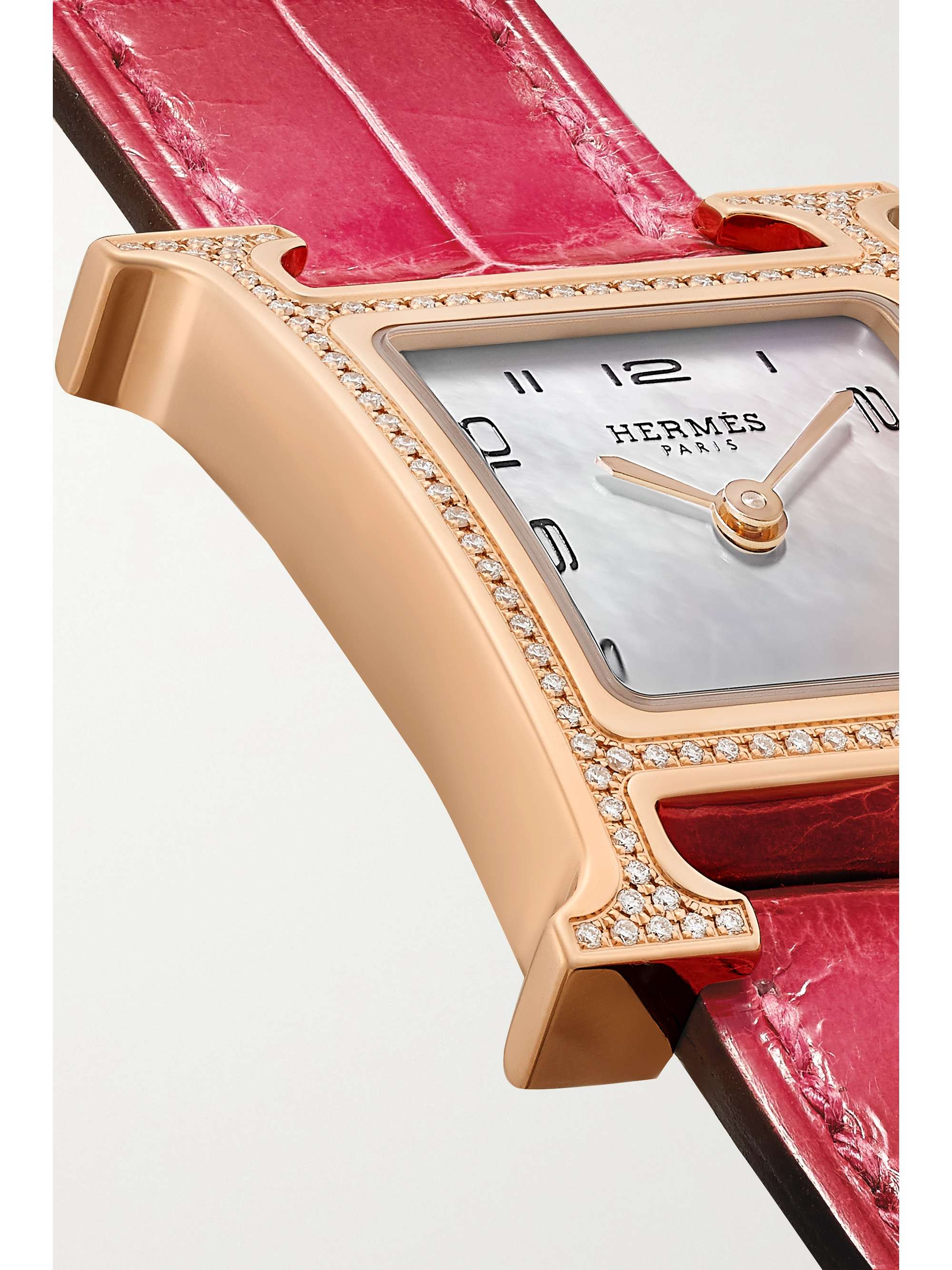 HERMÈS TIMEPIECES Heure H 25mm small 18-karat rose gold, alligator, mother-of-pearl and diamond watch
