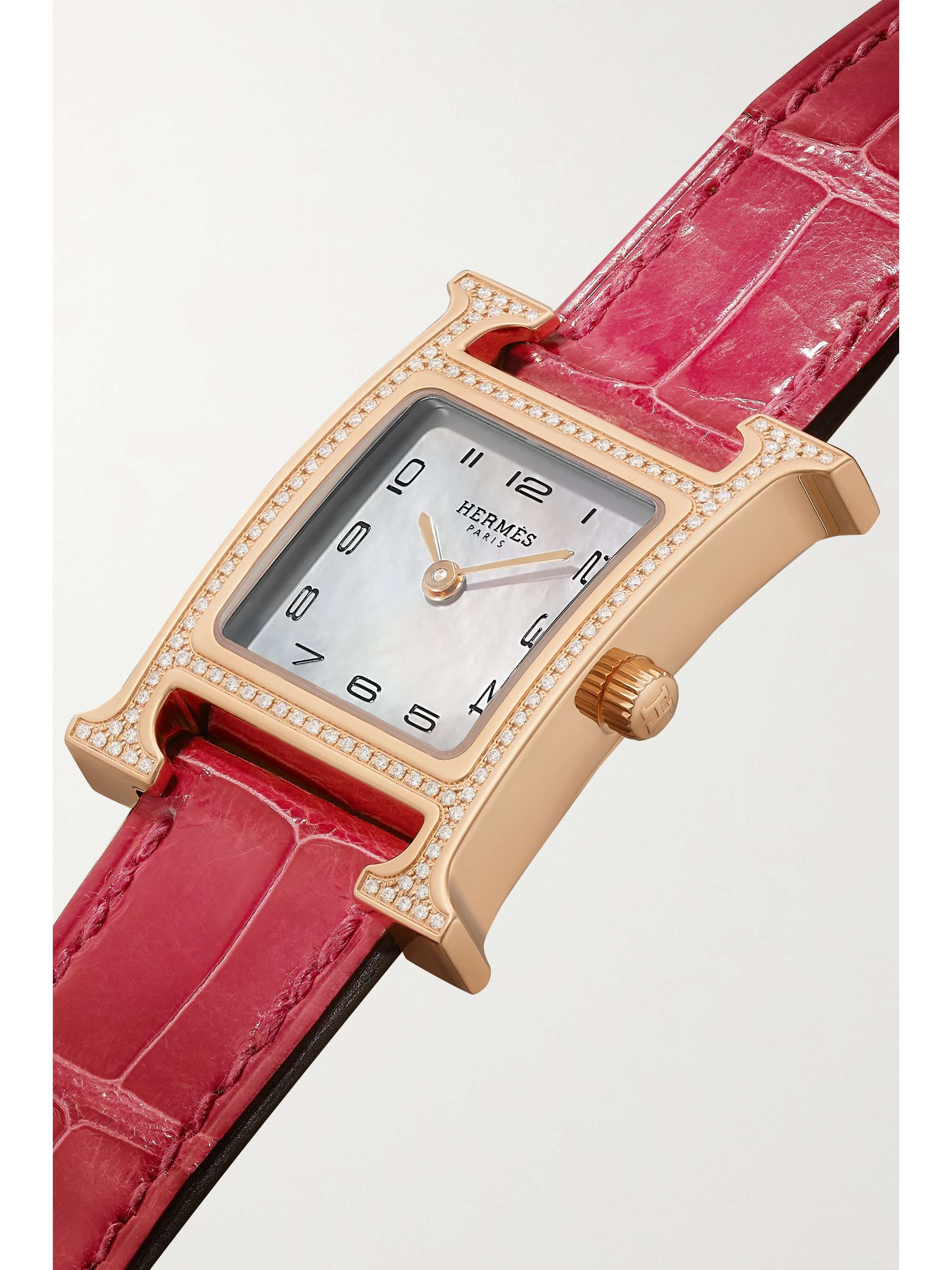 HERMÈS TIMEPIECES Heure H 25mm small 18-karat rose gold, alligator, mother-of-pearl and diamond watch