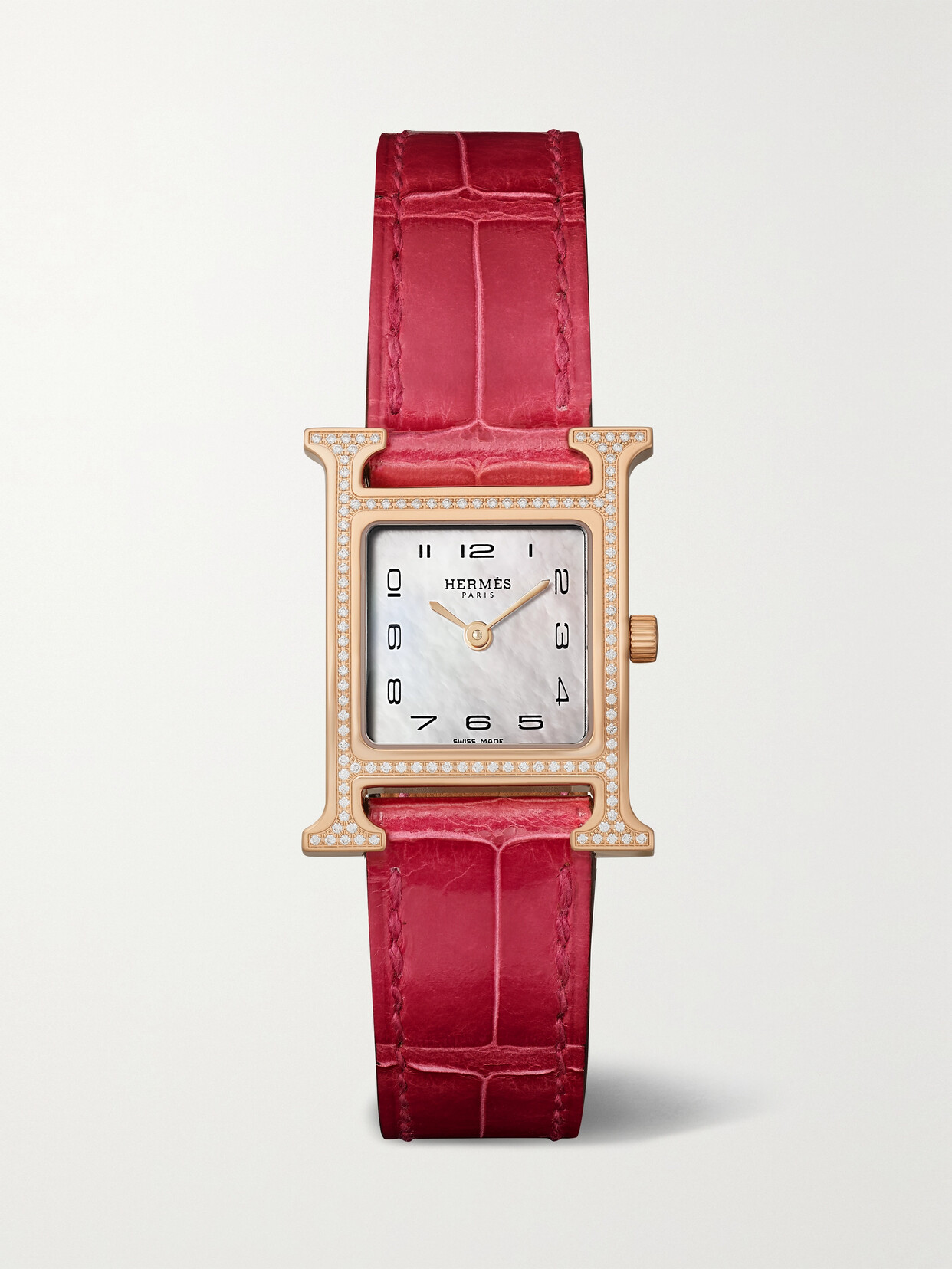 Hermès Timepieces Heure H 25mm Small 18-karat Rose Gold, Alligator, Mother-of-pearl And Diamond Watch In Red