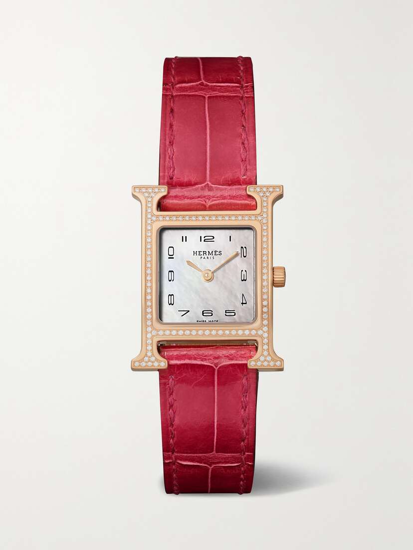 Hermès Timepieces Heure H 25mm Small 18-karat Rose Gold, Alligator, Mother-of-pearl And Diamond Watch