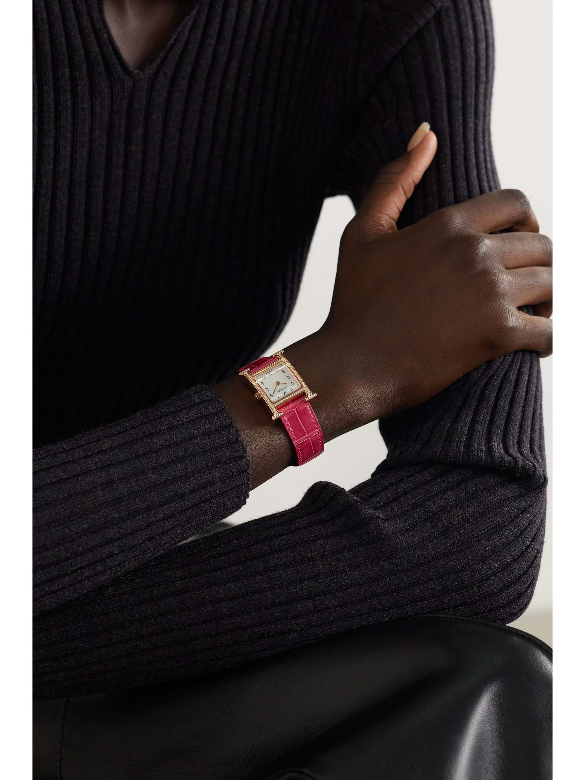 HERMÈS TIMEPIECES Heure H 25mm small 18-karat rose gold, alligator, mother-of-pearl and diamond watch