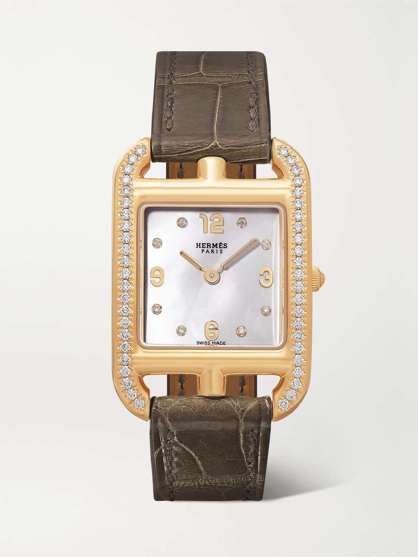 Hermès Timepieces Cape Cod 31mm Small 18-karat Gold, Alligator, Mother-of-pearl And Diamond Watch