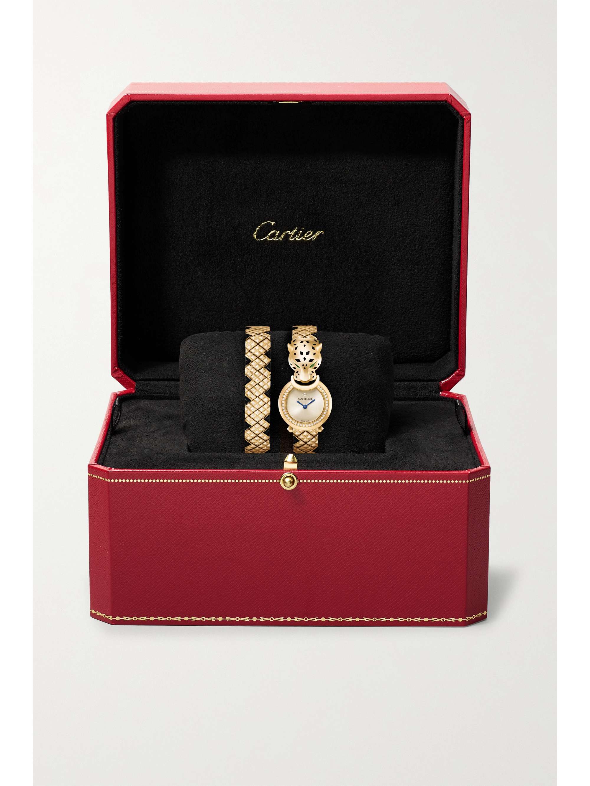 CARTIER Panthère de Cartier kleine 23,6 mm Uhr aus 18 Karat Gold mit lackierten Details und mehreren Steinen