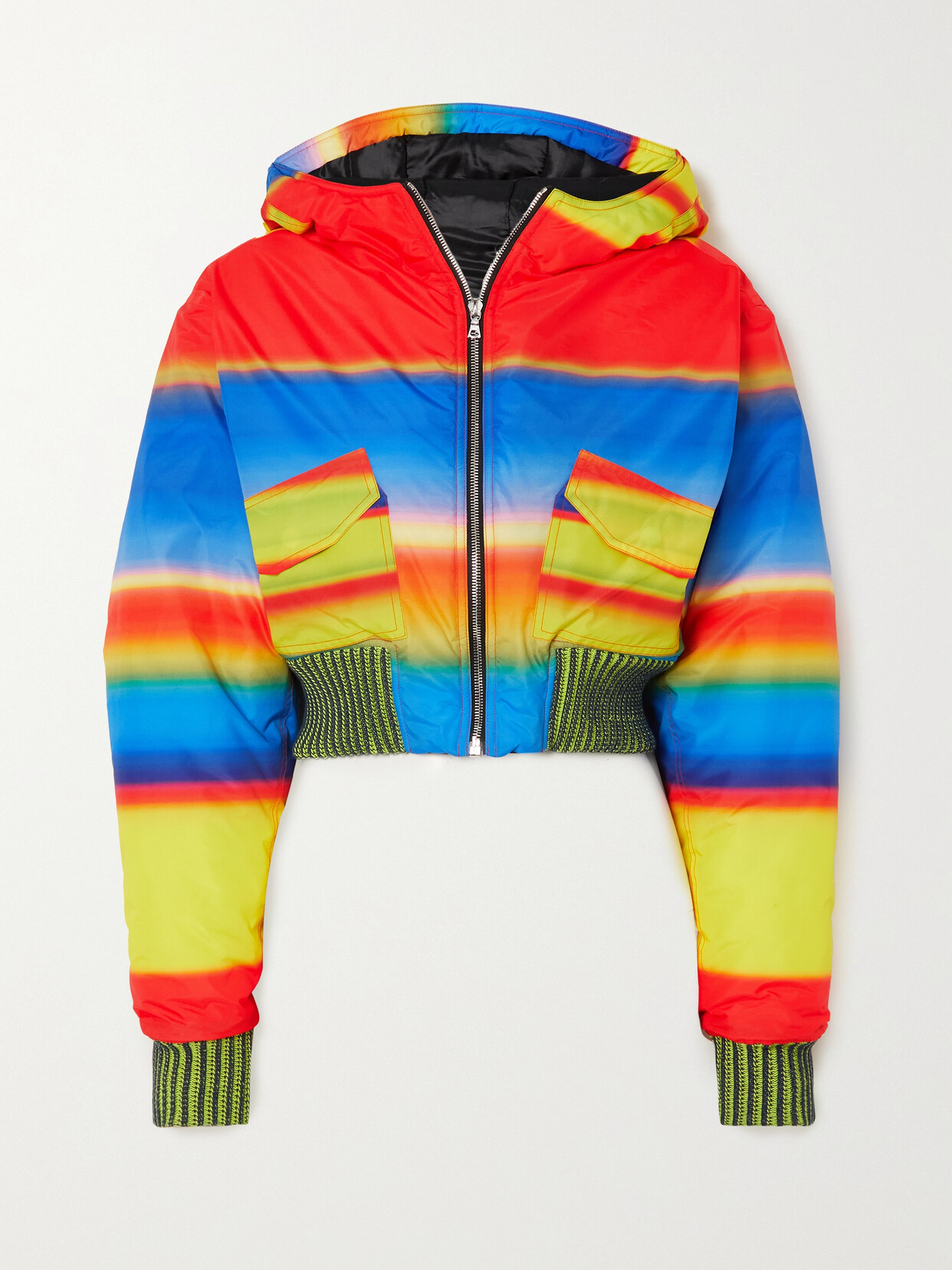 AGR Hooded Cropped Striped Padded Shell Jacket - Red