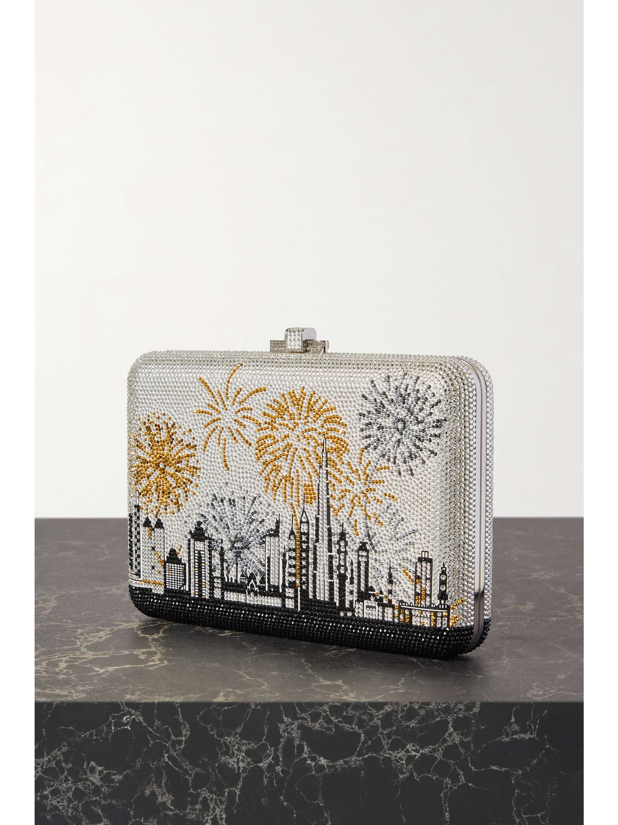 JUDITH LEIBER COUTURE Slim Slide crystal-embellished silver-tone clutch