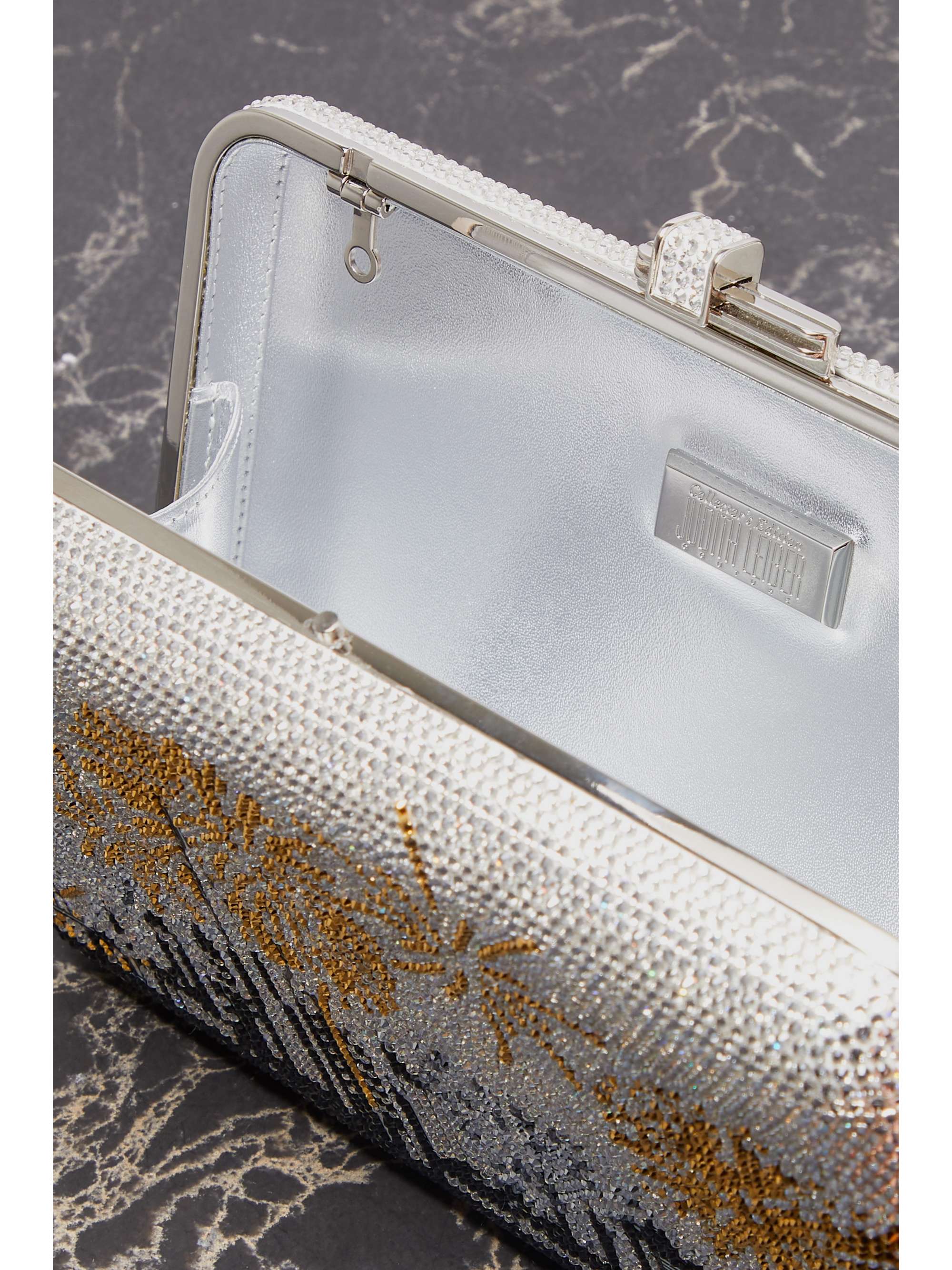 JUDITH LEIBER COUTURE Slim Slide crystal-embellished silver-tone clutch