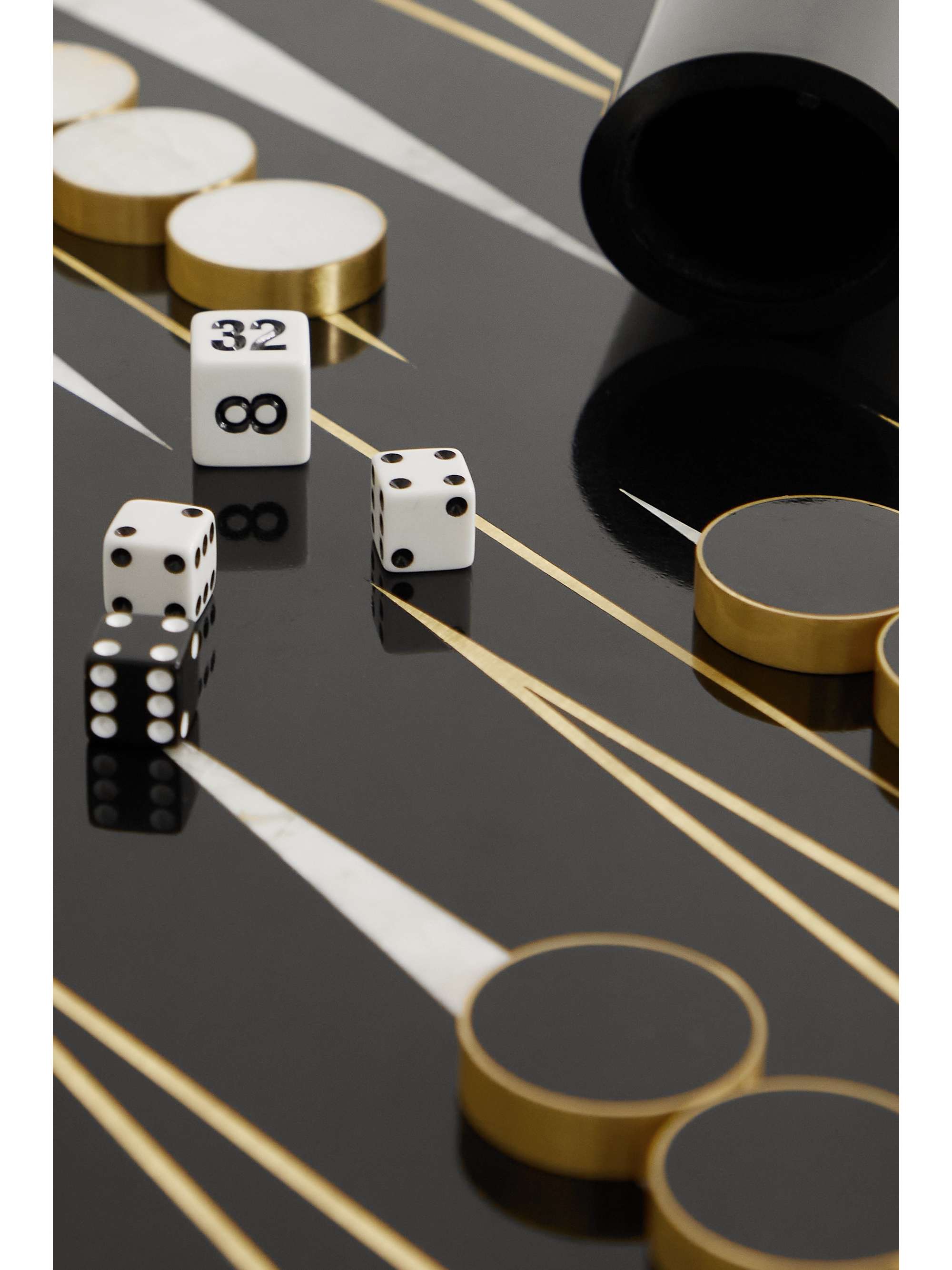 L'OBJET Ebony, marble, brass and shell backgammon set