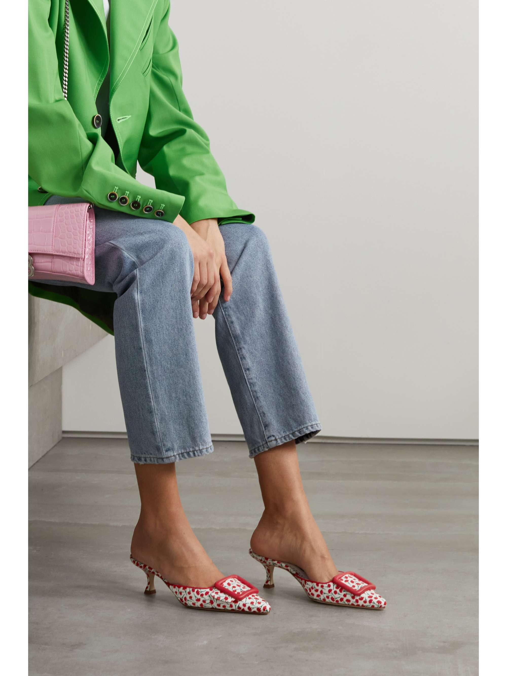 MANOLO BLAHNIK Maysale 50 buckled crepe de chine mules