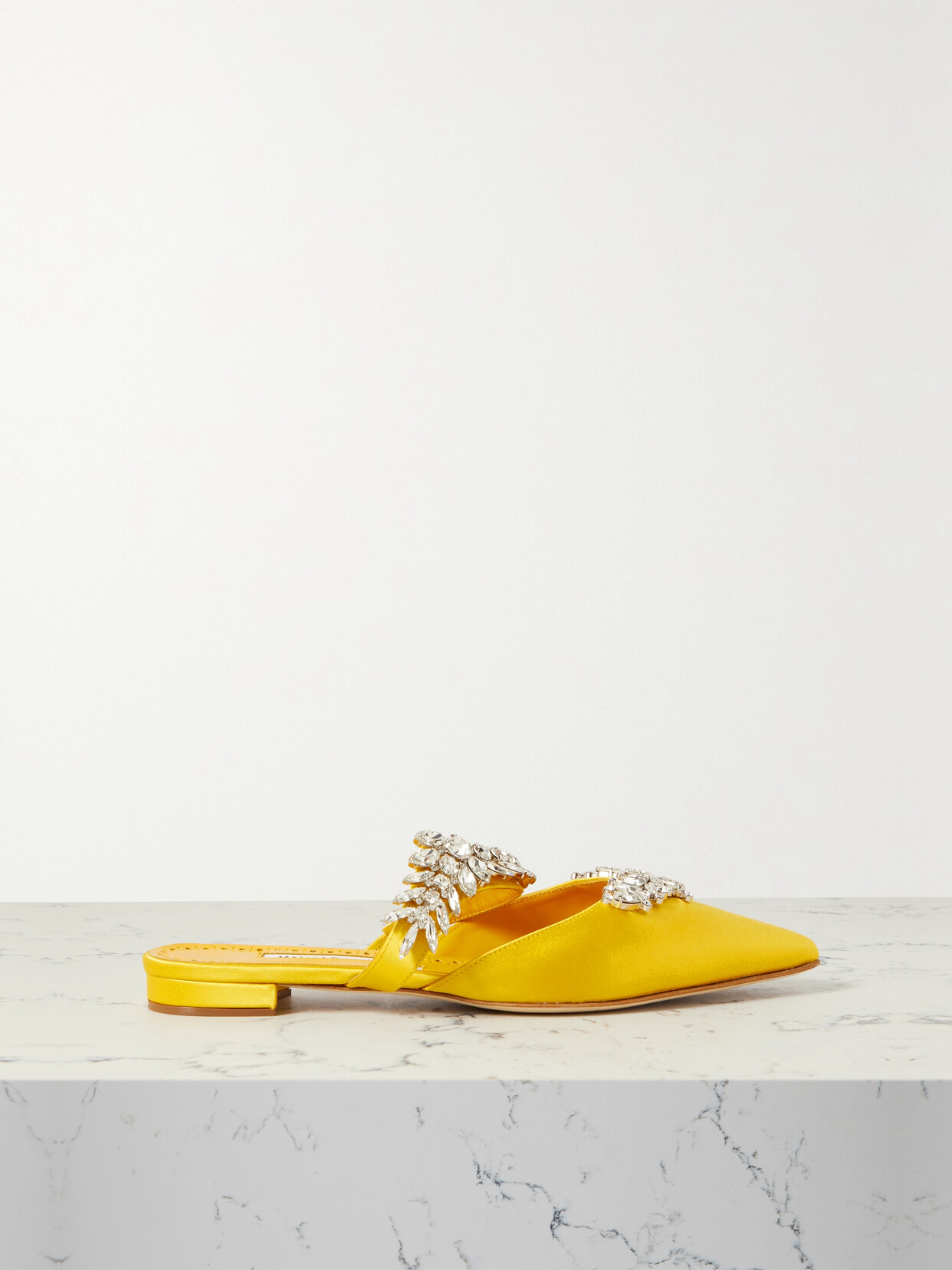 Shop Manolo Blahnik Lurum 45 Crystal-embellished Satin Mules In Yellow