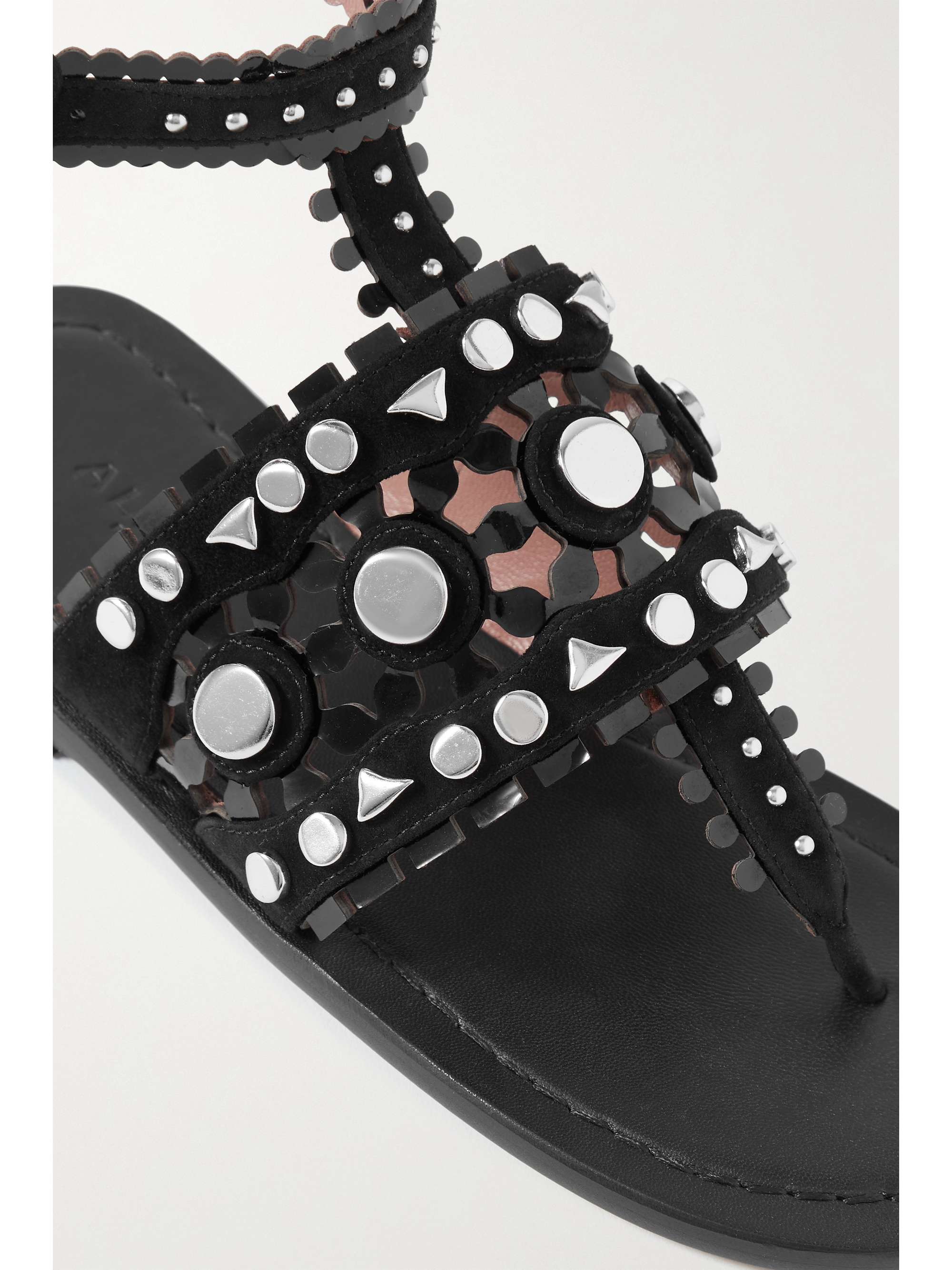 ALAÏA Editions studded laser-cut patent leather and suede sandals