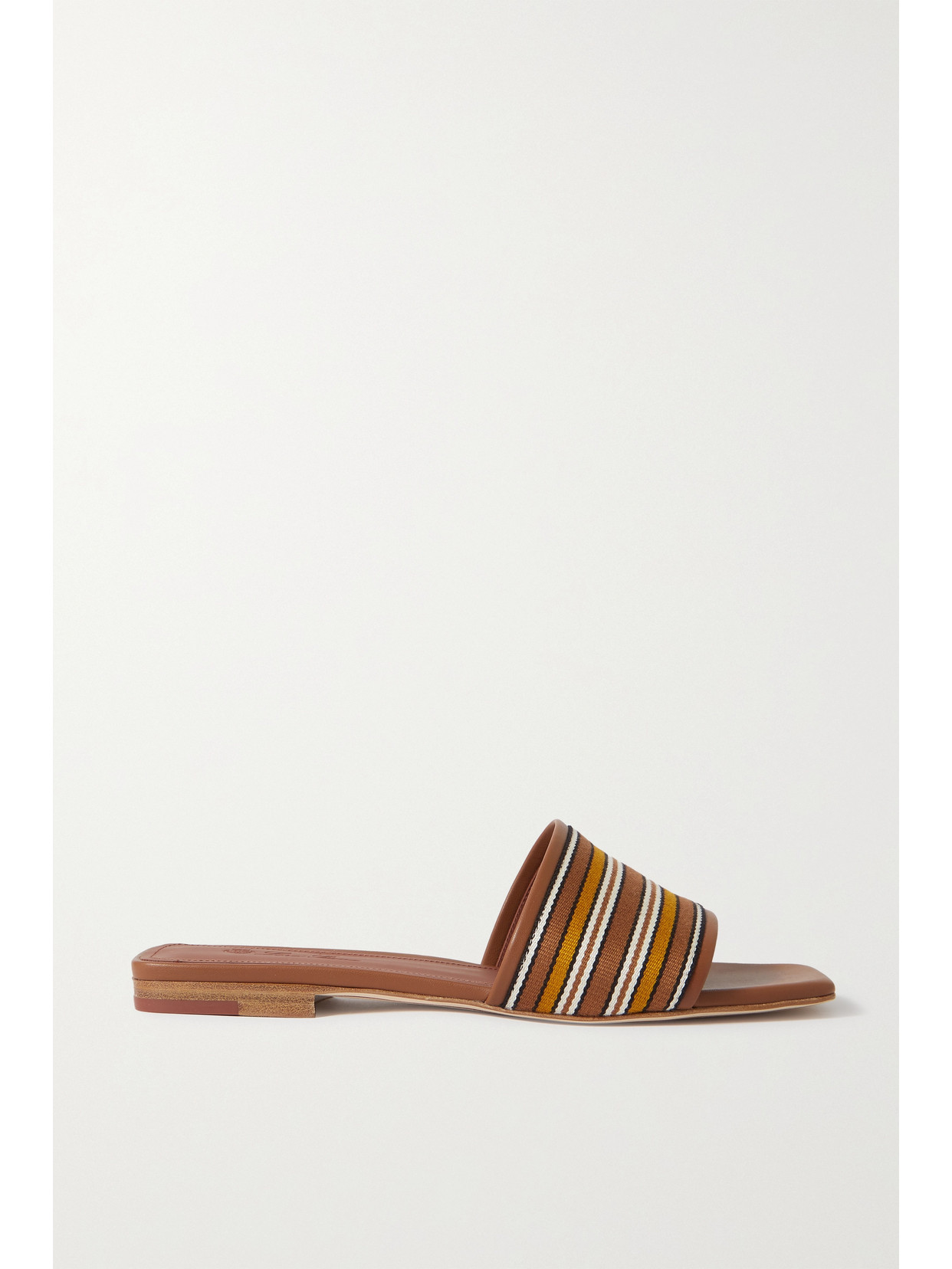 LORO PIANA THE SUITCASE STRIPED CANVAS AND LEATHER SLIDES