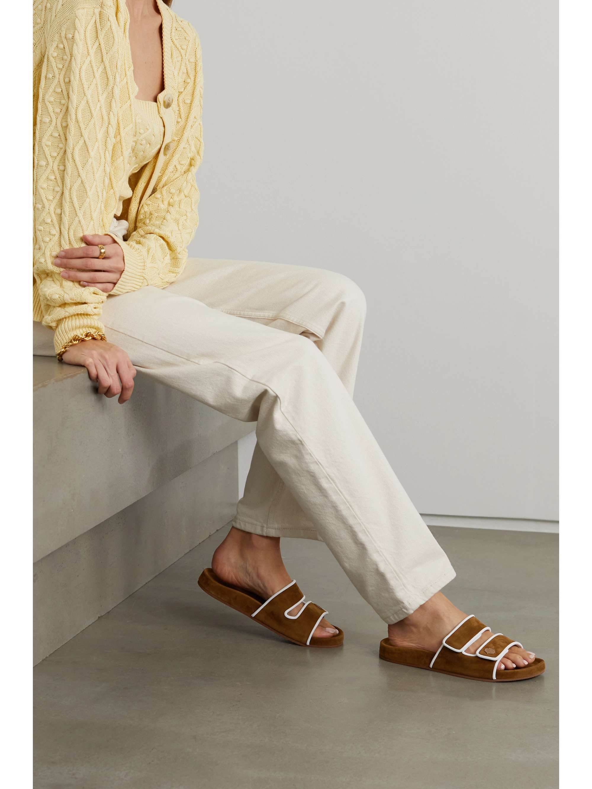 LORO PIANA Waikiki leather-trimmed suede slides